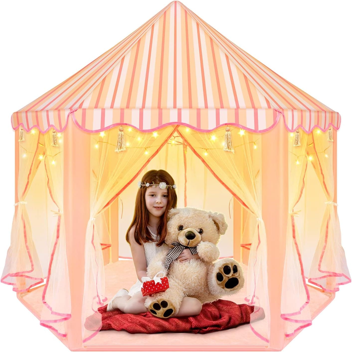 Kids Tent with Light, Kids Toys Princess Tent for 2 3 4 5 6 7 8 9 10 11 12 Year Old Toddlers Girls Boys Princess Castle Playhouse Tent for Children Indoor and Outdoor Game Birthday