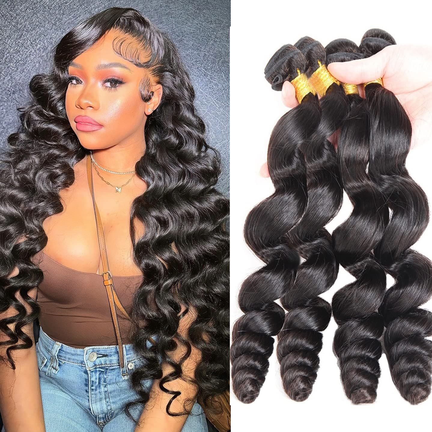 Human Hair Bundles Loose Wave 4 Bundles (20 22 24 26 Inch) 100% Unprocessed Brazilian Hair Weave Bundles Loose Wave Human Hair 4 Bundles Natural Black Human Hair Extensions