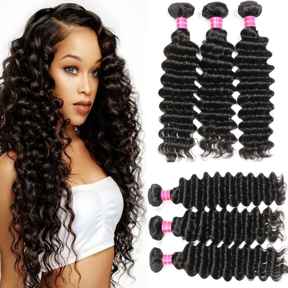 Amchoice 3 Bundles Deep Wave (10 10 10) Brazilian Virgin Hair 8A Grade Unprocessed Human Hair Weave Natural Color Can Be Dyed and Bleached