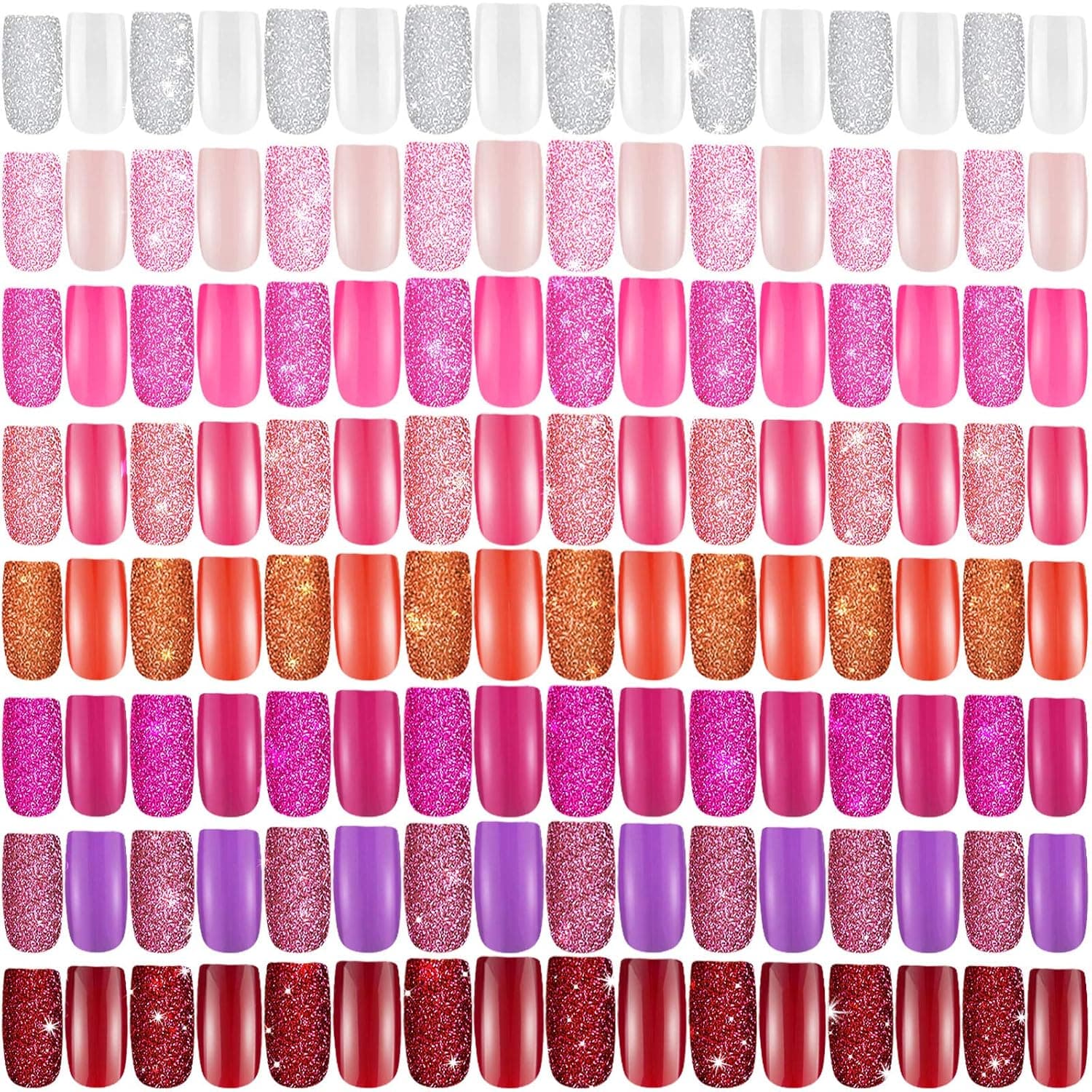 384 Pieces 16 Sets Medium Square Press on Nails Glitter False Nail Full Cover False Nails Artificial Nail Tips Fake Nails for Women Girls Nail Art Decoration (Bright Pattern)