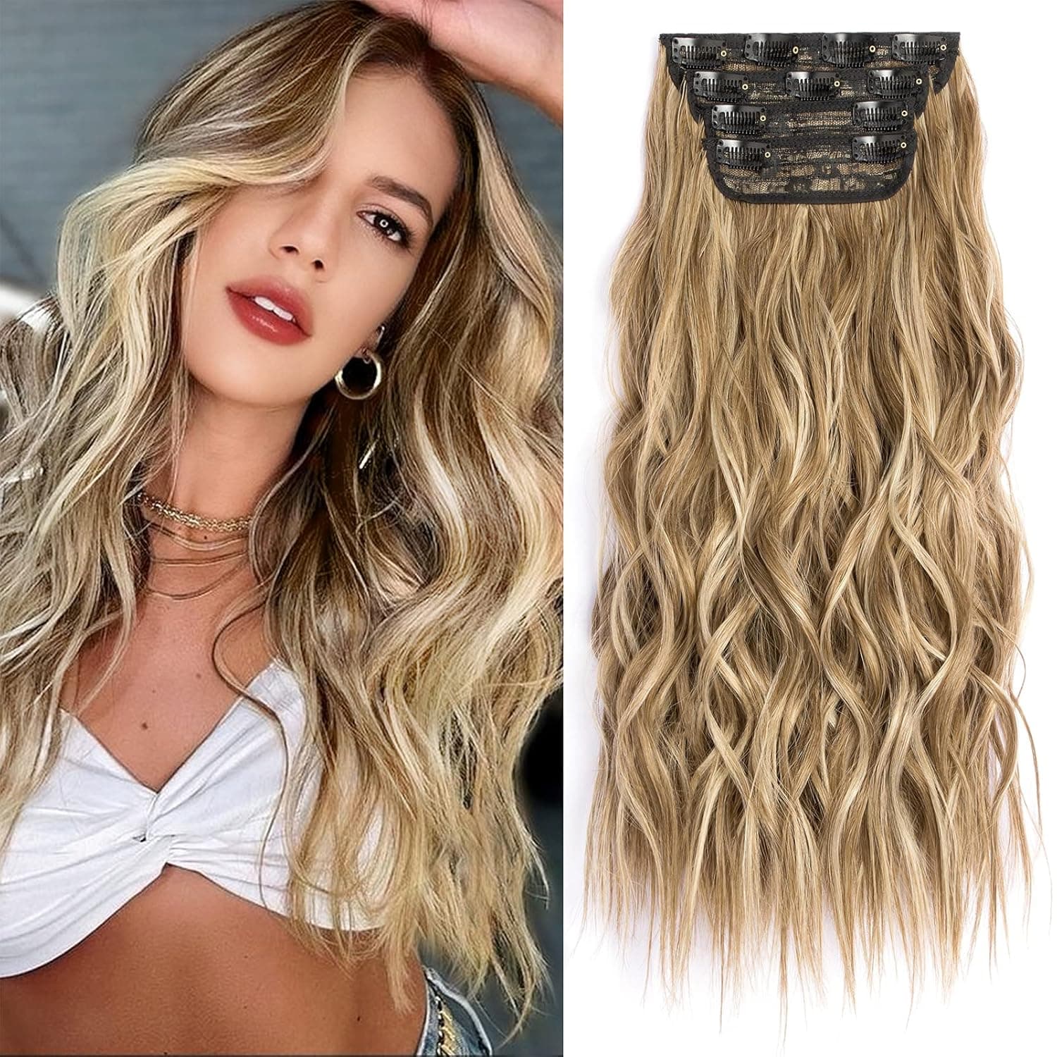 Einaey Clip in Hair Extensions, 4PCS Medium Brown Ash Blonde Clip in Extensions for Women Full Head, 20 Inch Long Wavy Fiber Thick Double Weft Hair Extensions (Medium Brown Ash Blonde, 20 Inch)