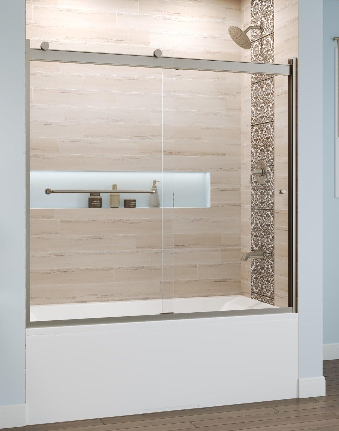 Basco Shower Door RTLA05B6057CLBN Rotolo Sliding Tub Door 56-60 in. Wide x 57 in. high, Brushed Nickel