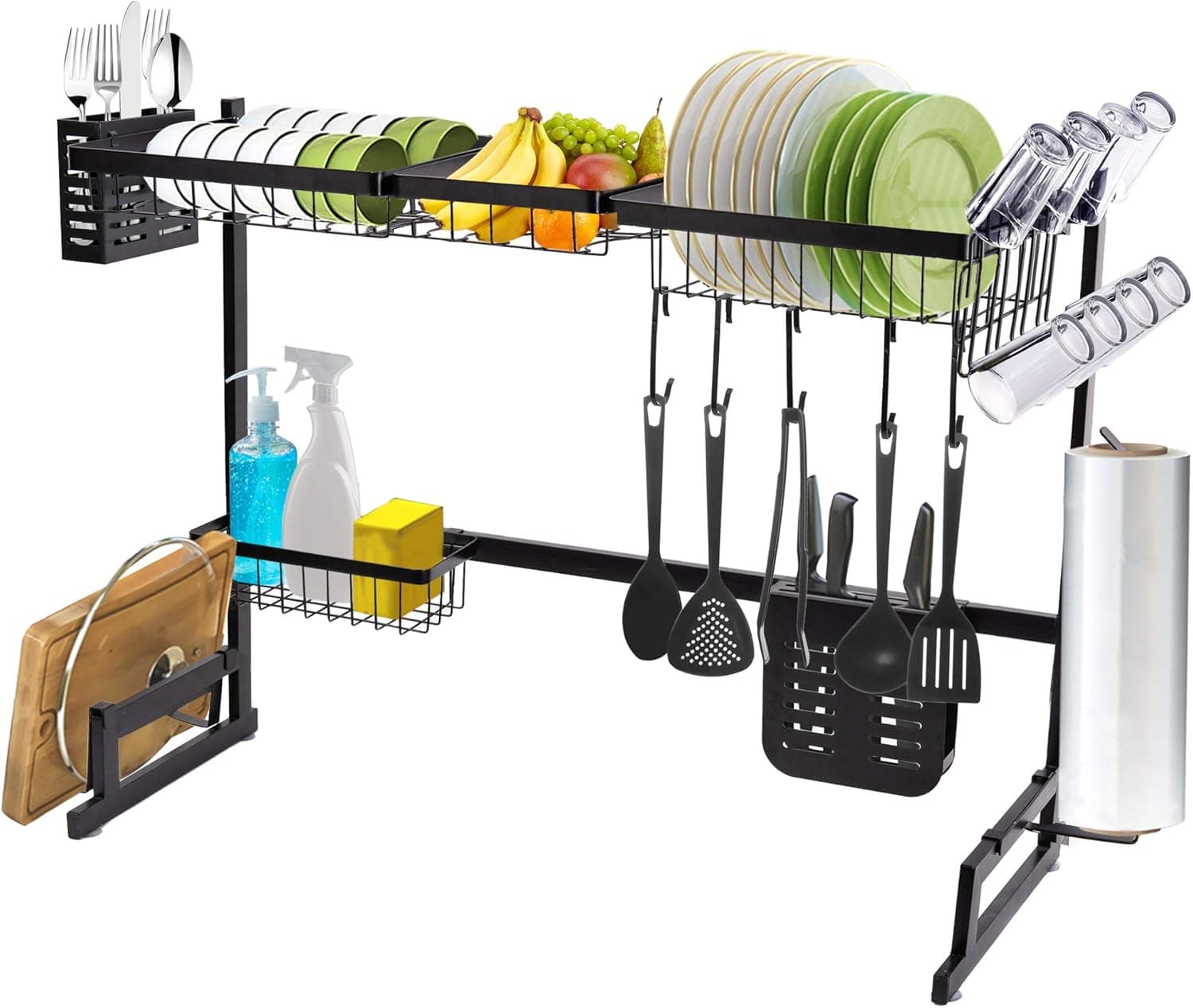 JS HANGER Dish Drying Rack Over The Sink 2 Tier Large Dish Dryer Rack for Kitchen Organizer Storage Space Saver Shelf with 10 Utensil Holder Stainless Steel Tableware Drainer, Sink Size ≤ 32.48"