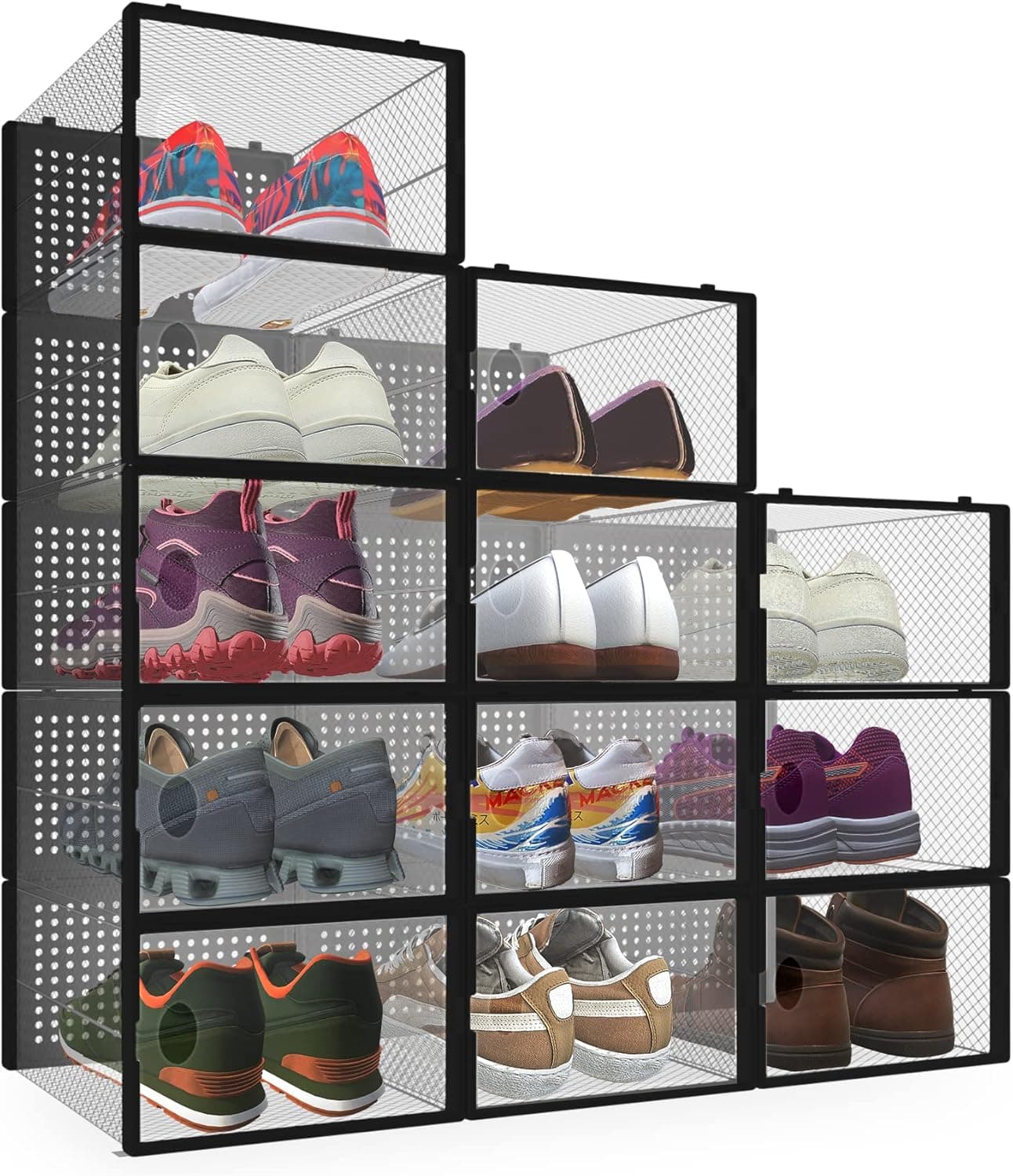 HPST 12-Pack Shoe Storage Boxes - Shoes Organizer for Closet - Clear Plastic Stackable Shoe Containers - Clear Shoe Boxes Stackable and Foldable For Sneaker Storage, Books, Toys, Tools Black