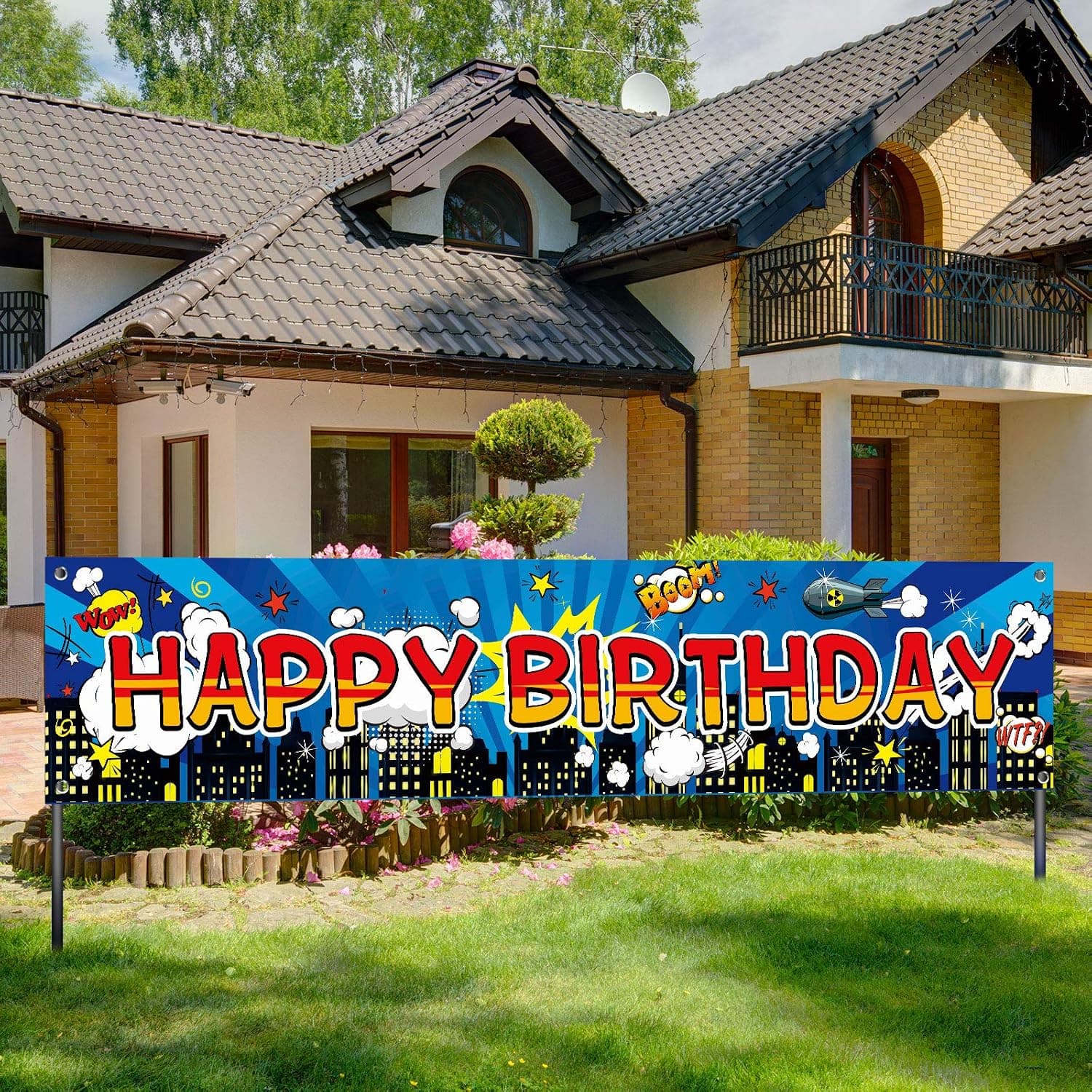 Hero Happy Birthday Banner City Banner Boys Birthday Party Decorations 70.8 x 15.7 Hero Themed Birthday Banner with Rope for Birthday Party Supplies