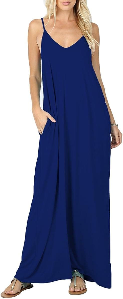 Iandroiy Women's Summer Casual Plain Flowy Swimwear Cover Up Loose Beach Cami Maxi Dresses with Pockets