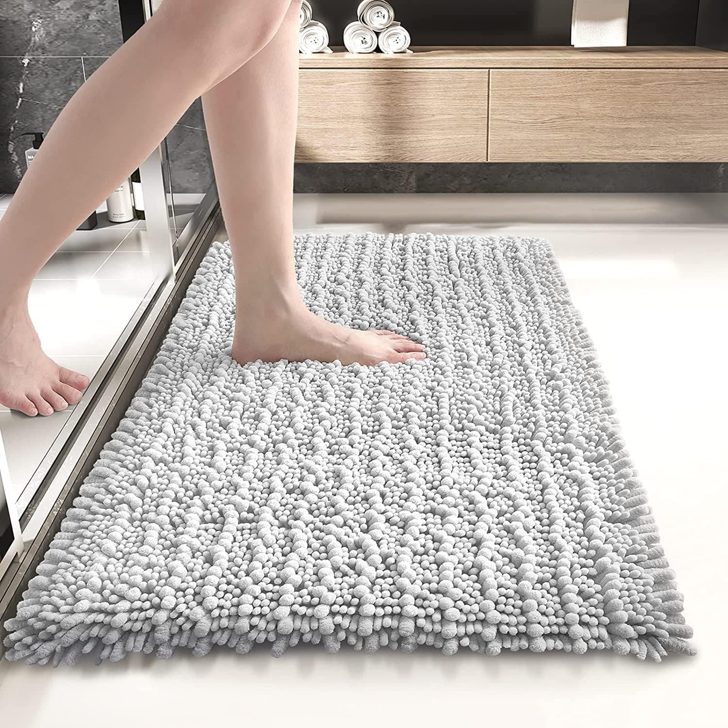 Chenille Bathroom Rugs,Non Slip Bath Mat,Soft Absorbent Plush Bath Rugs for Bathroom,Machine Washable,Microfiber Easier to Dry,Rugs for Bathtub and Shower Floor(32"×20", Gray)