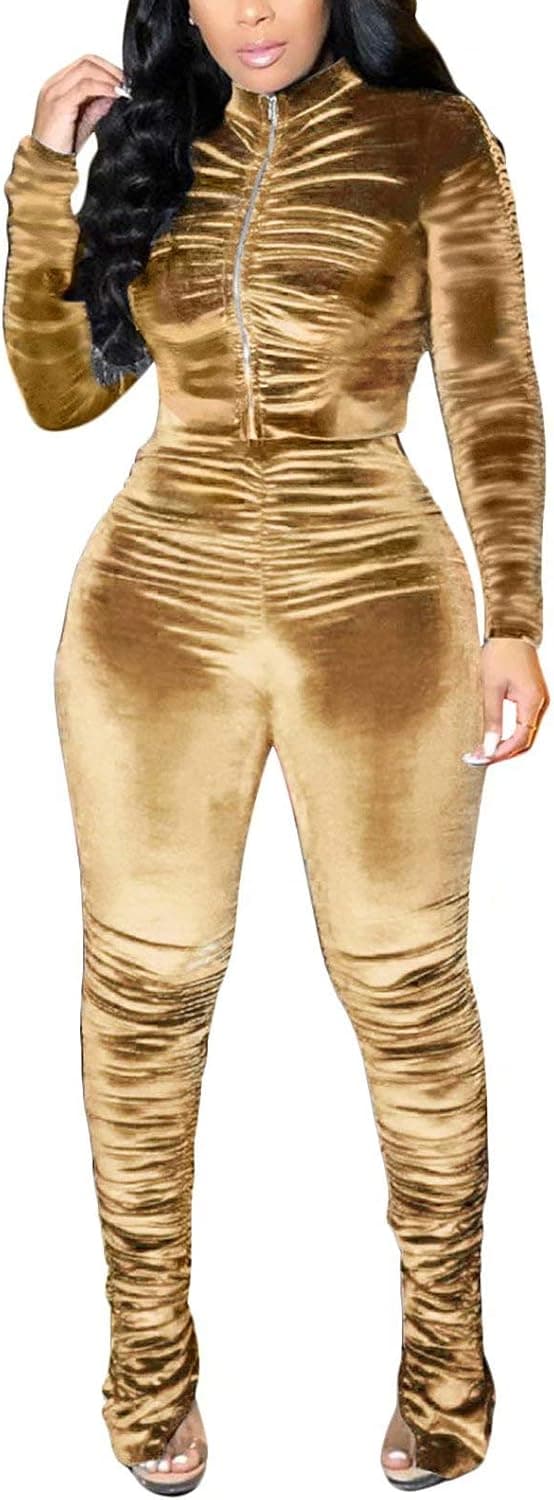 Aro Lora Womens Velvet Jogging Suit 2 Piece Outfit Tracksuit Bodycon Jacket Crop Top Pant Set