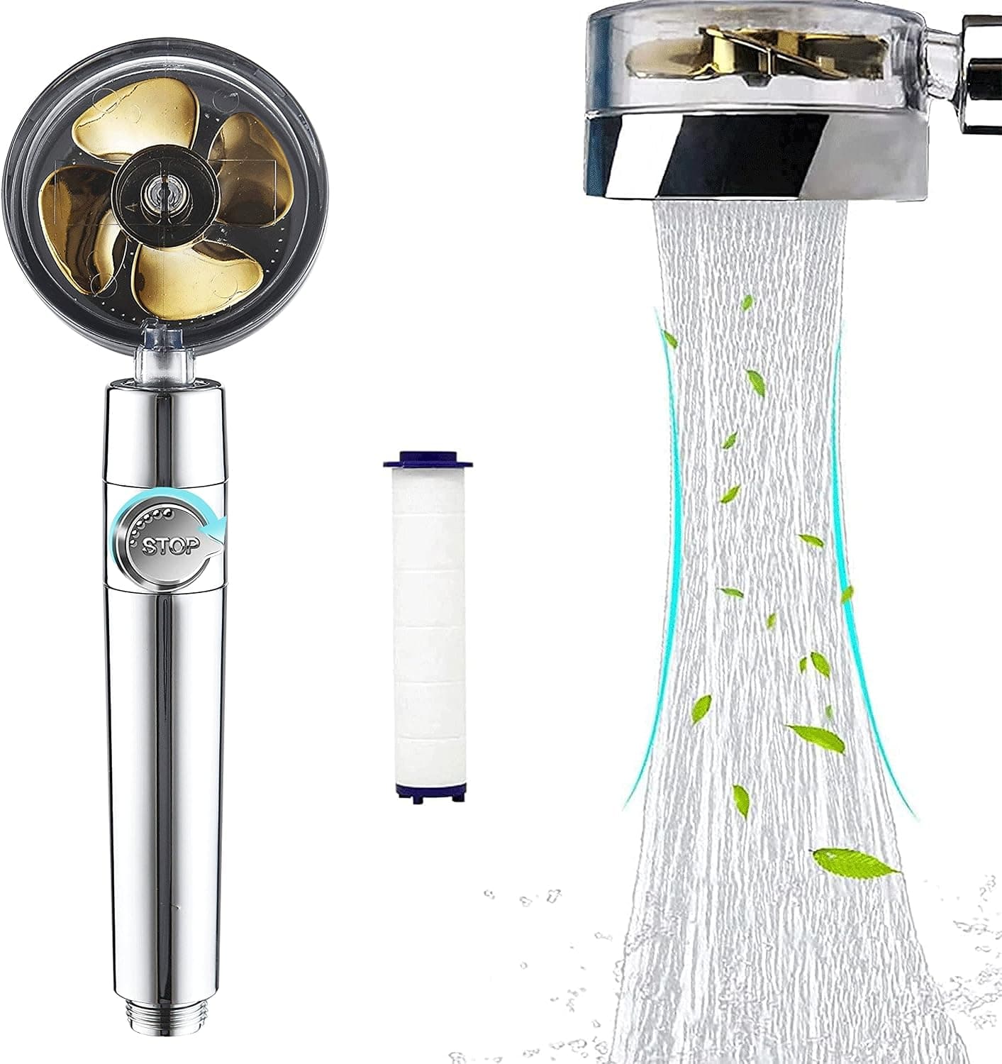 High Pressure Shower Heads, Handheld Turbo Fan Shower,Hydro Jet Shower Head with Filter, 360 Degrees Rotating Turbocharged Shower Head (Gold)