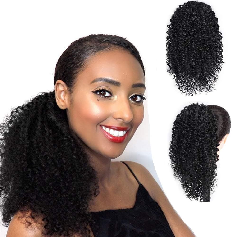 AISI BEAUTY Curly Ponytail Extension for Black Women Kinky Curly Drawstring Ponytail Synthetic Clip on Ponytails HairPiece(14inches,1B#)