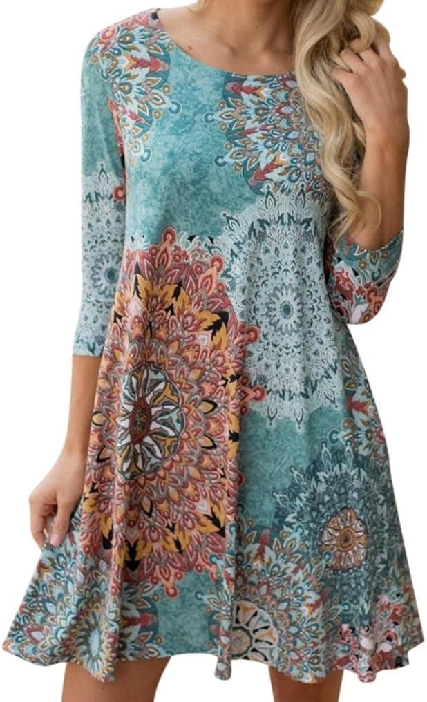 Bohemian Swing Dress for Women Boho Beach Knee Length Sundress Plain Boatneck