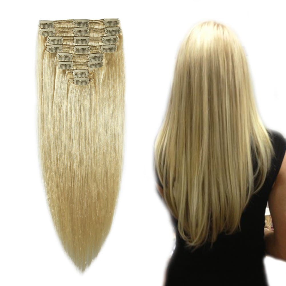 Double Weft 100% Remy Human Hair Clip in Extensions Grade 7A Quality Full Head Thick Thickened Long Straight 8pcs 18clips for Women Beauty (22" / 22 inch 160g,#613 Bleach Blonde)