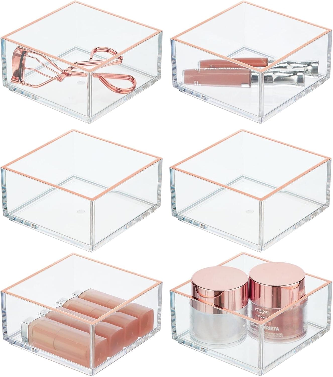 mDesign Plastic Beauty Organizer Bin for Bathroom Drawers, Vanity, or Countertops, Storage for Makeup Brushes, Palettes, Blush, Concealers, or Hair Ties, Lumiere Collection, 6 Pack, Clear/Rose Gold