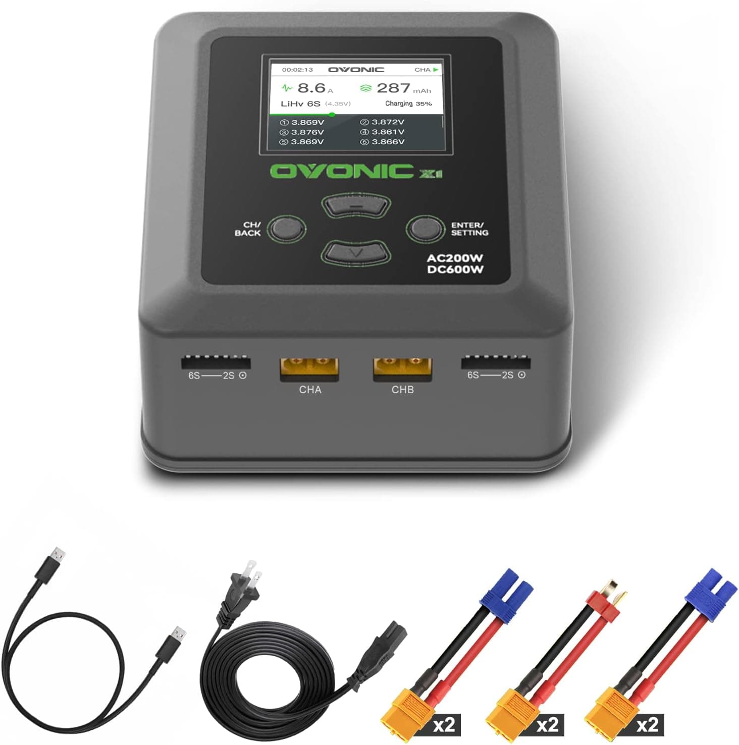 OVONIC X1 Dual RC Lipo Battery Balance Charger for 1s 2s 3s 4s 5s 6s Lipo Batteries, Life/NiCd/NiMH/LiHV Batteries - AC 200W / DC 300W 15A Smart Fast Charging, with Sync Charging Mode