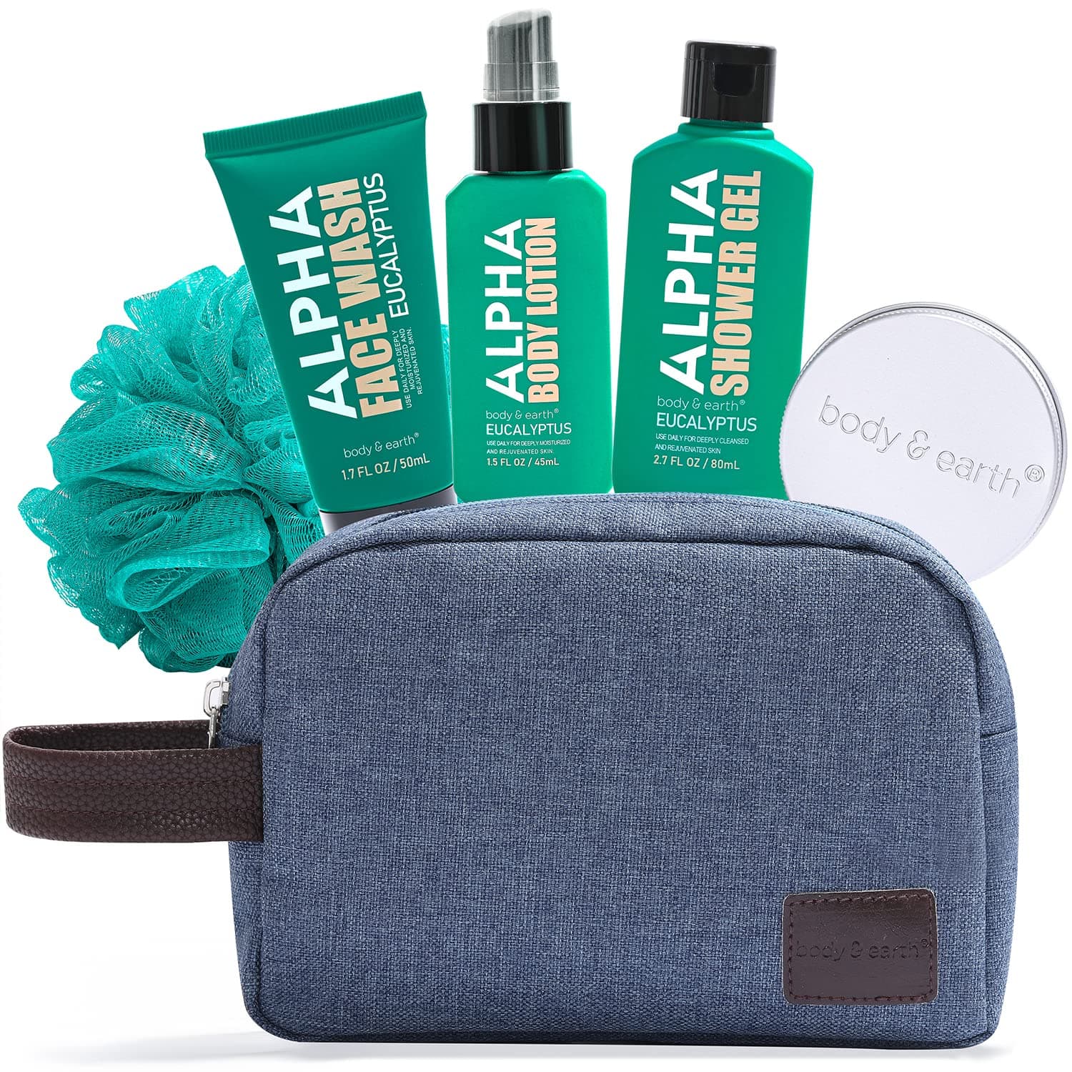 Bath Set for Men - Mens Spa Gift Set,6 Pcs Men Body Wash Gift Set with Eucalyptus Scent,Birthday Gifts Set for Men Includes Face Wash,Shower Gel,Body Lotion,Shampoo Bar,Travel Bag,Men Gift Basket