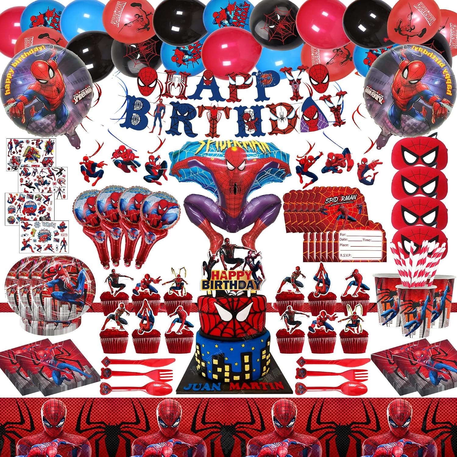 290 PCS Spiderman Birthday Party Supplies for 20 Guests, Spiderman Birthday Decorations, Party Decorations with Happy Birthday Banner, Hanging Swirls, Balloons, Tableware, Cupcake Toppers, Masks