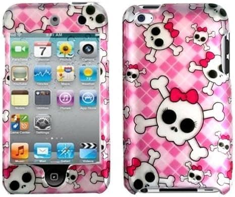 New Rubberized Silver 2D SKULL PINK ARGYLE Checker Hard Snap-on Crystal Skin Case Cover Accessory for Ipod Touch 4th Generation 4g 4 8gb 32gb 64gb