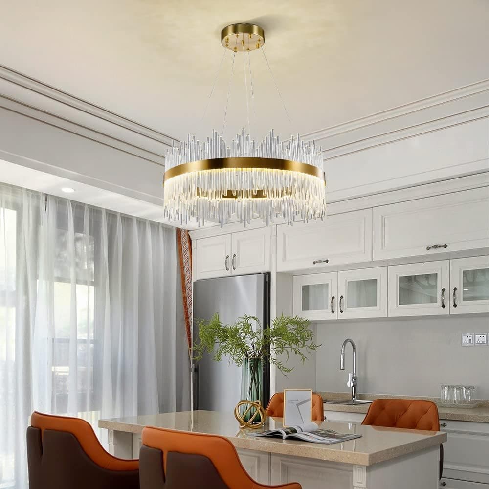 PIWAYPI Modern Crystal Chandelier Luxury Round Gold Chandelier LED Crystal Pendant Chandelier Adjustable Height for Dining Room Kitchen Island Living Bedroom D23.6”