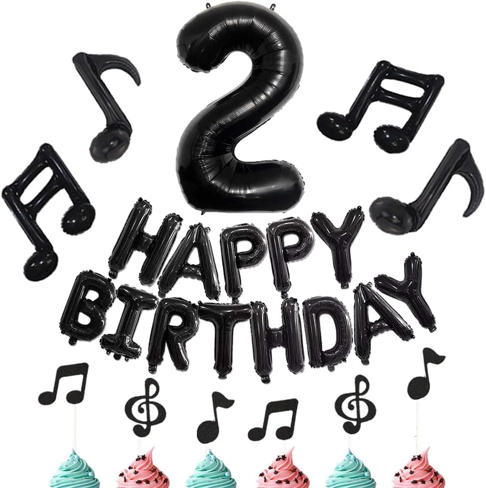 Musical Notes Party Decorations,suitable for Tik Tok,Rock Star,Karaoke Party Supplies,including Number Balloon,Inflatable Music Note Balloons,Happy 2rd Birthday Banner Balloons(2)