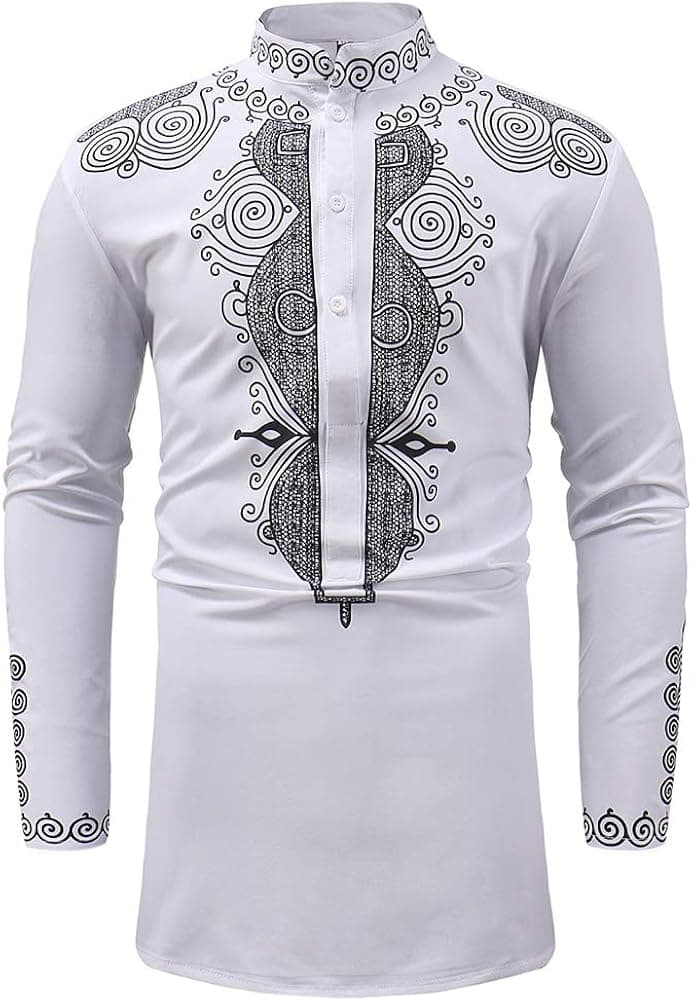 Mens Dashiki African Shirt Casual Long Sleeve T Shirt Tribal Print Blouse Top White