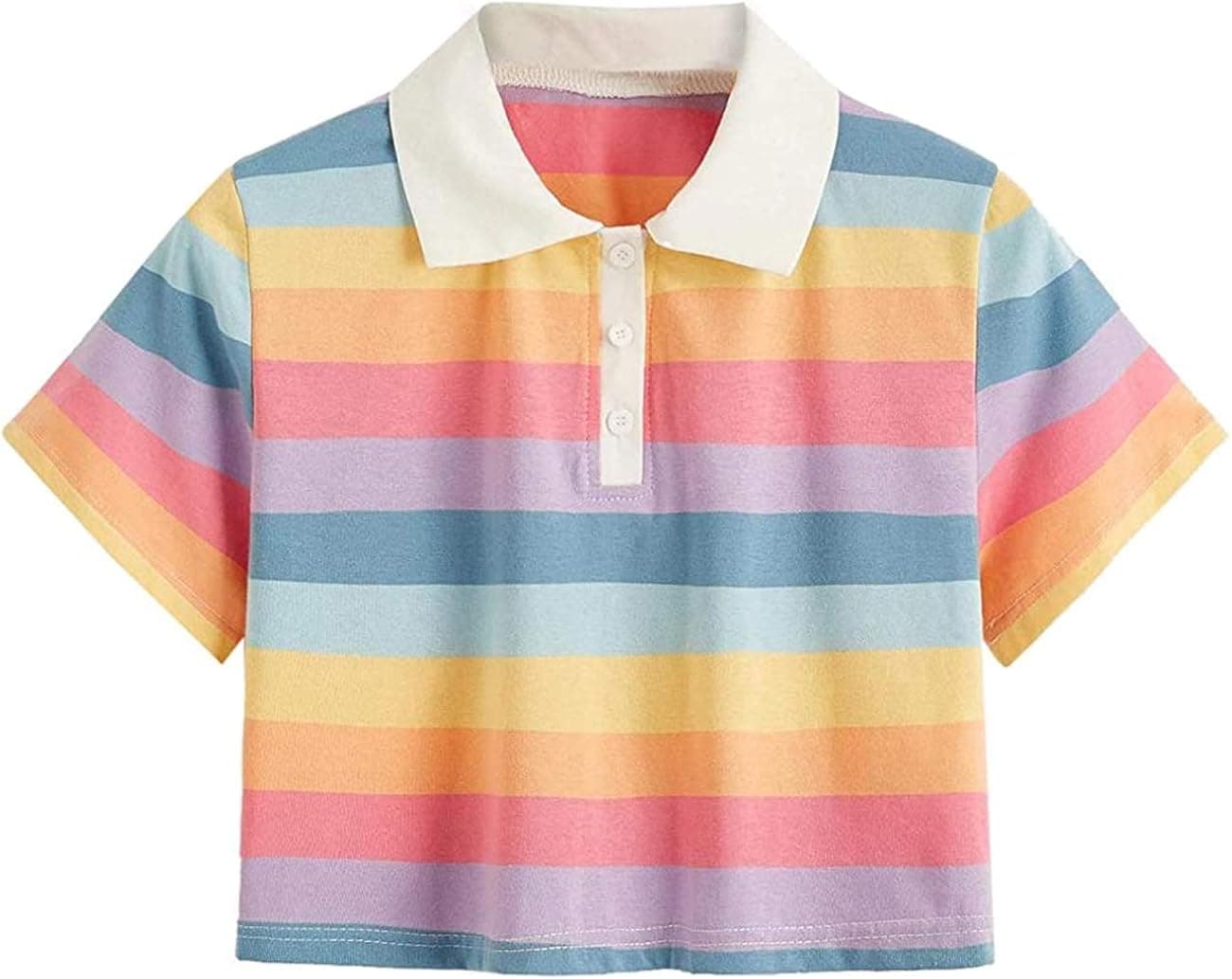 MNLYBABY Women Crop Tops Casual Short Sleeve Striped T Shirt Collar Half Button Shirt