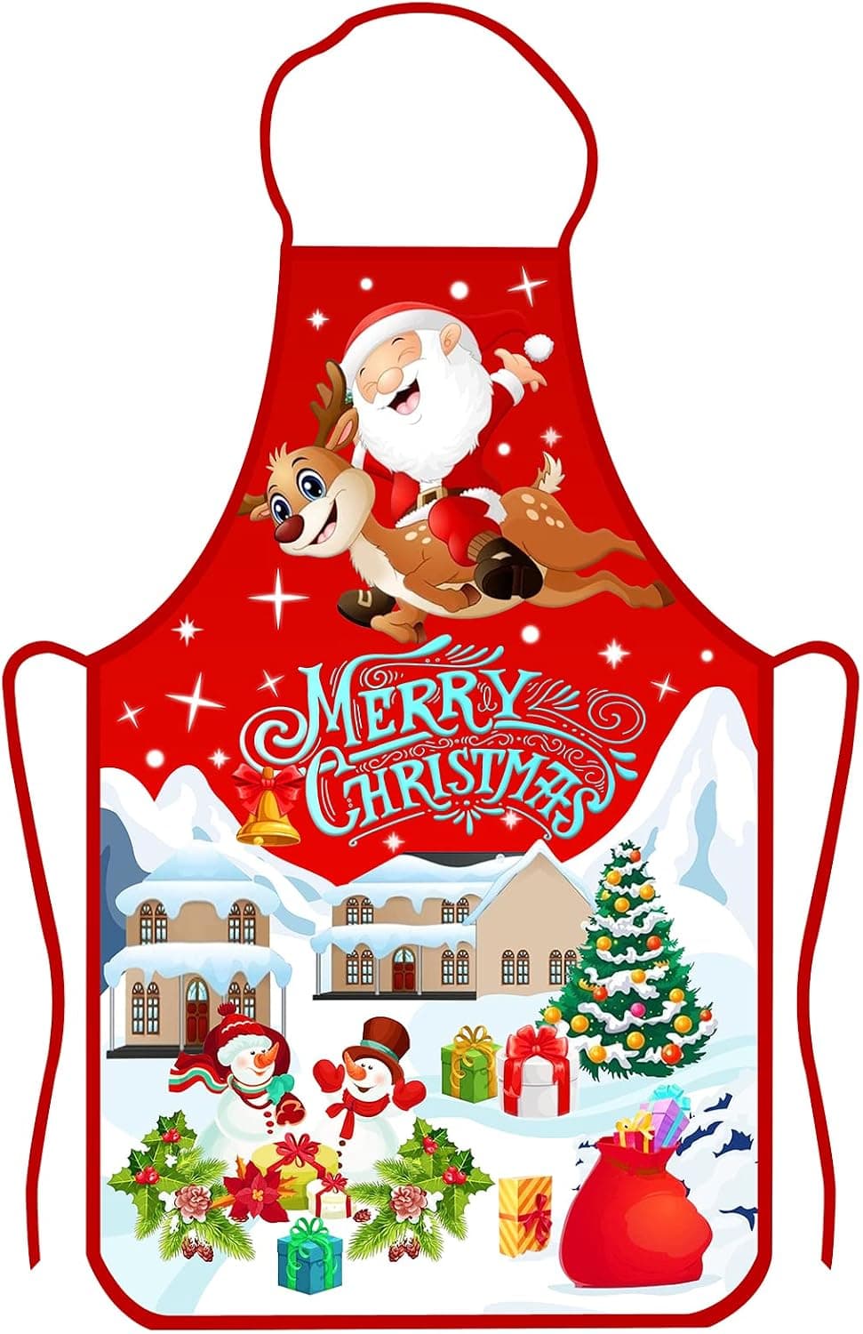 Openfly Christmas Apron, Cute Merry Christmas Aprons Holiday Kitchen Apron Christmas Santa Claus/Elk/Snow House/Snowman Style Decoration Apron for Christmas Dinner Party Cooking Baking