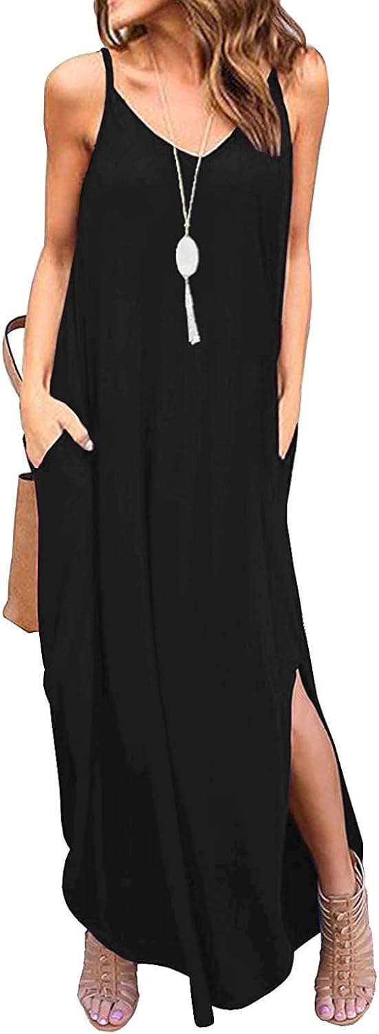 LAMISSCHE Womens Sleeveless Strappy Cami Maxi Long Dress V Neck with Pockets Beach Cover Up Slits