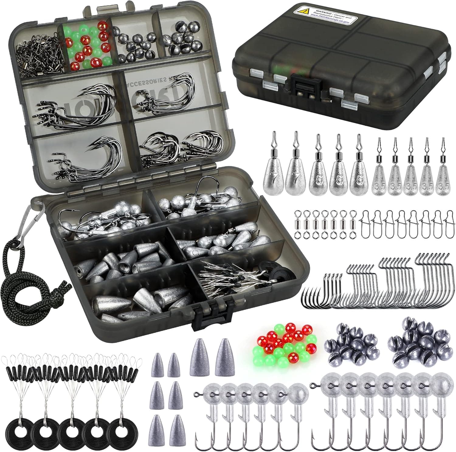 TOPFORT 187/230pcs Fishing Accessories Kit, Including Jig Hooks, Bullet Bass Casting Sinker Weights, Fishing Swivels Snaps, Sinker Slides, Fishing Set with Tackle Box