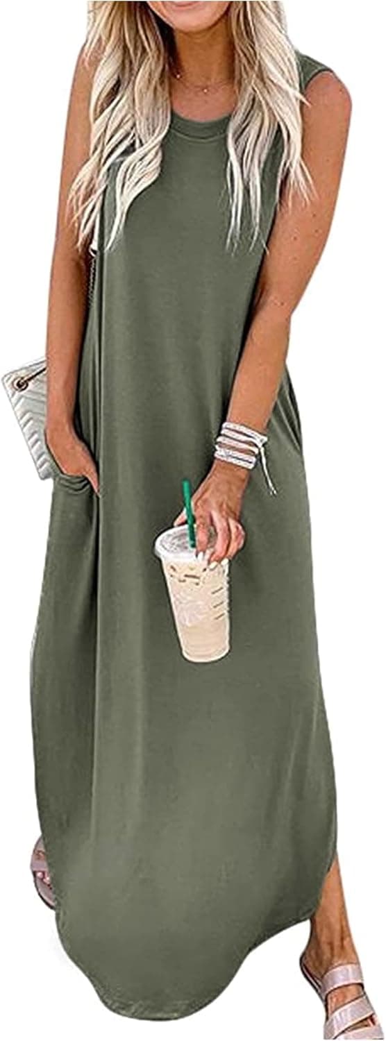 CHUNTIANRAN Women's Maxi Dress Summer Casual Sundress Sleeveless Long Dresses Hawaiian Beach Maxi Dress with Pockets