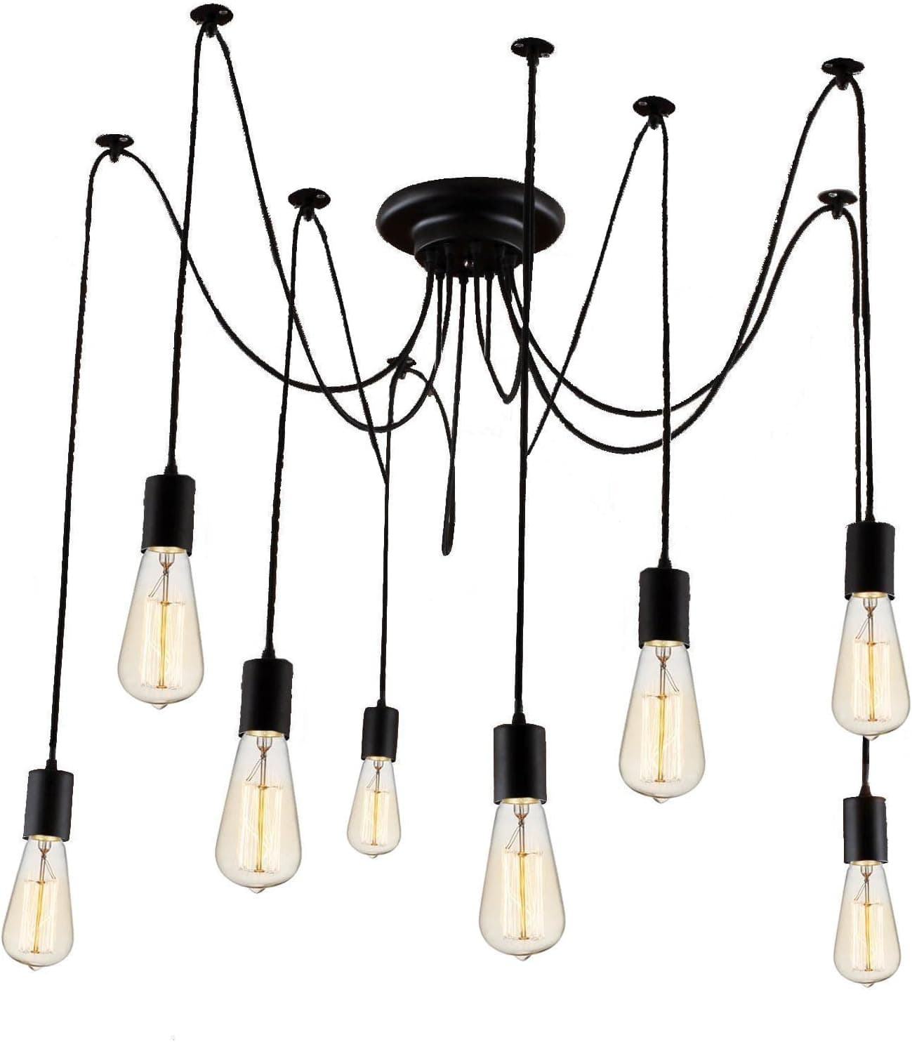 Vintage Edison Pendant Lights, StillCool Hanging Chandeliers Farmhouse lighting without Bulbs, Matte Black Finish and Black Woven Fabric Cord (8 lights)