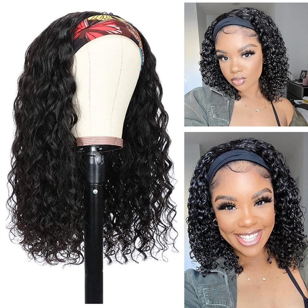 Water Wave Headband Wig Human Hair Wet and Wavy Glueless Headband Wig for Black Women Brazilian Virgin Hair None Lace Front Wigs Machine Made Headband Wig Human Hair Deep Wave Natural Color (12 Inch)