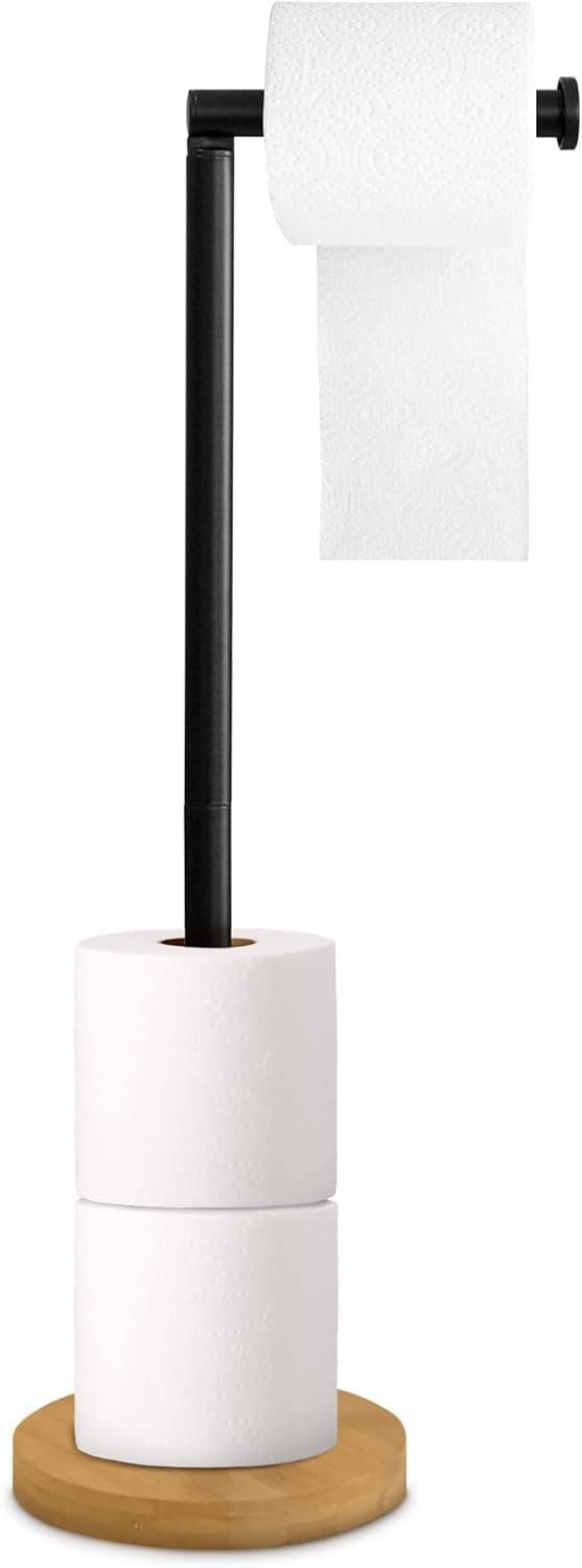 Toilet Paper Holder Stand, Modern Free Standing Toilet Paper Holder with Storage, Bamboo Base with Black Metal Stand, Sleek and Decorative Freestanding Bathroom Toilet Roll Holder