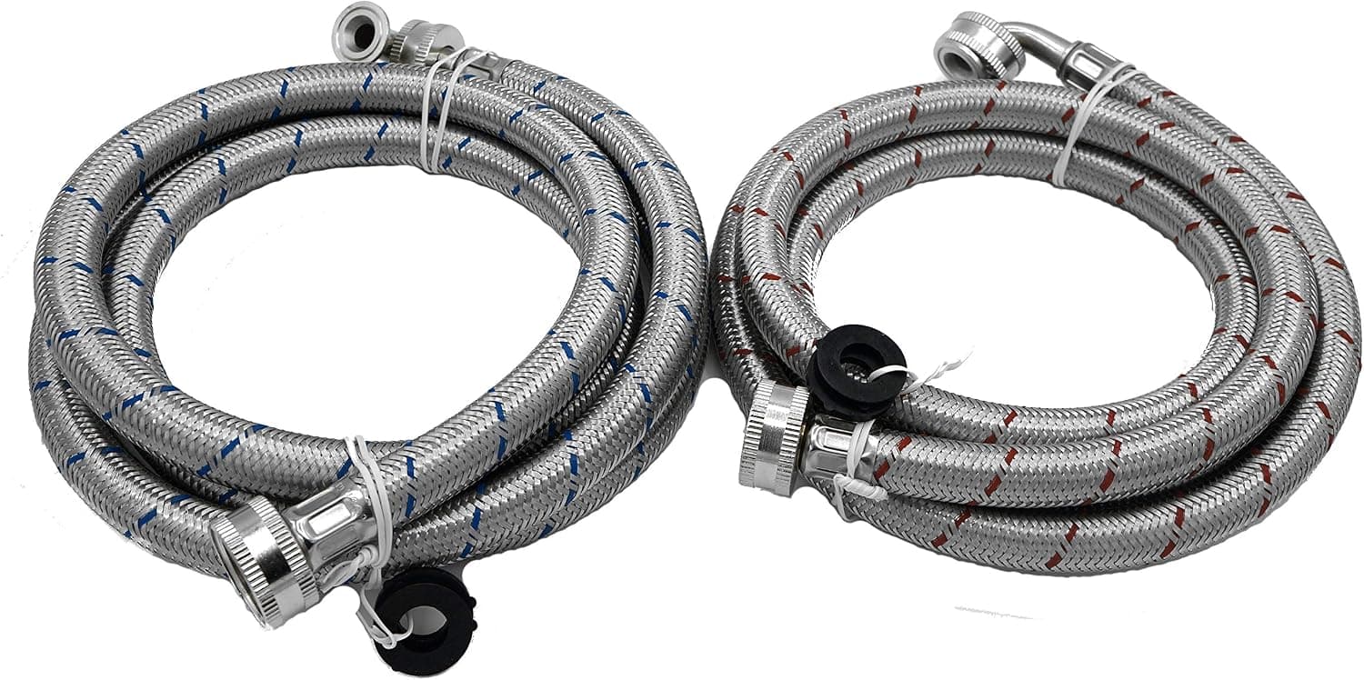 KILAUAN Washing Machine Hose Stainless Steel Braided Water Supply Line with 90 Degrees Elbow - 6 FT Burst Proof - With Red & Blue Color Coded