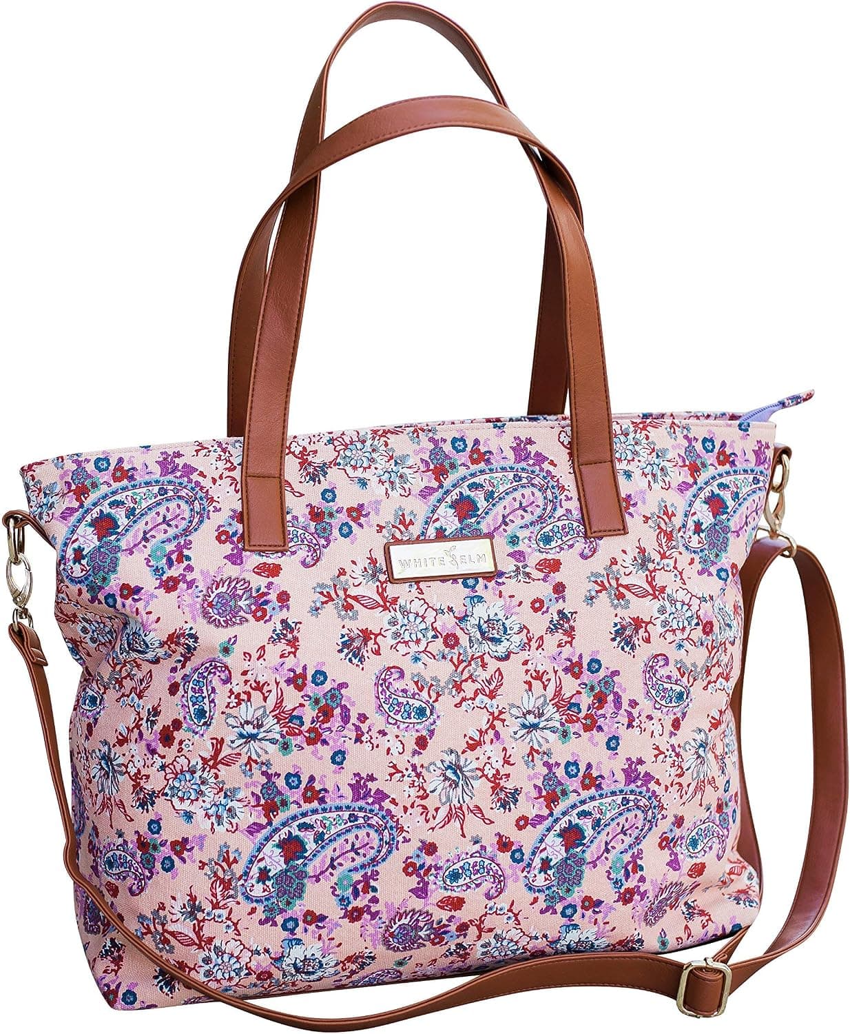 Dahlia Floral Tote Bag by White Elm | Limited Edition | Canvas & Vegan Leather Travel Tote with Crossbody Strap