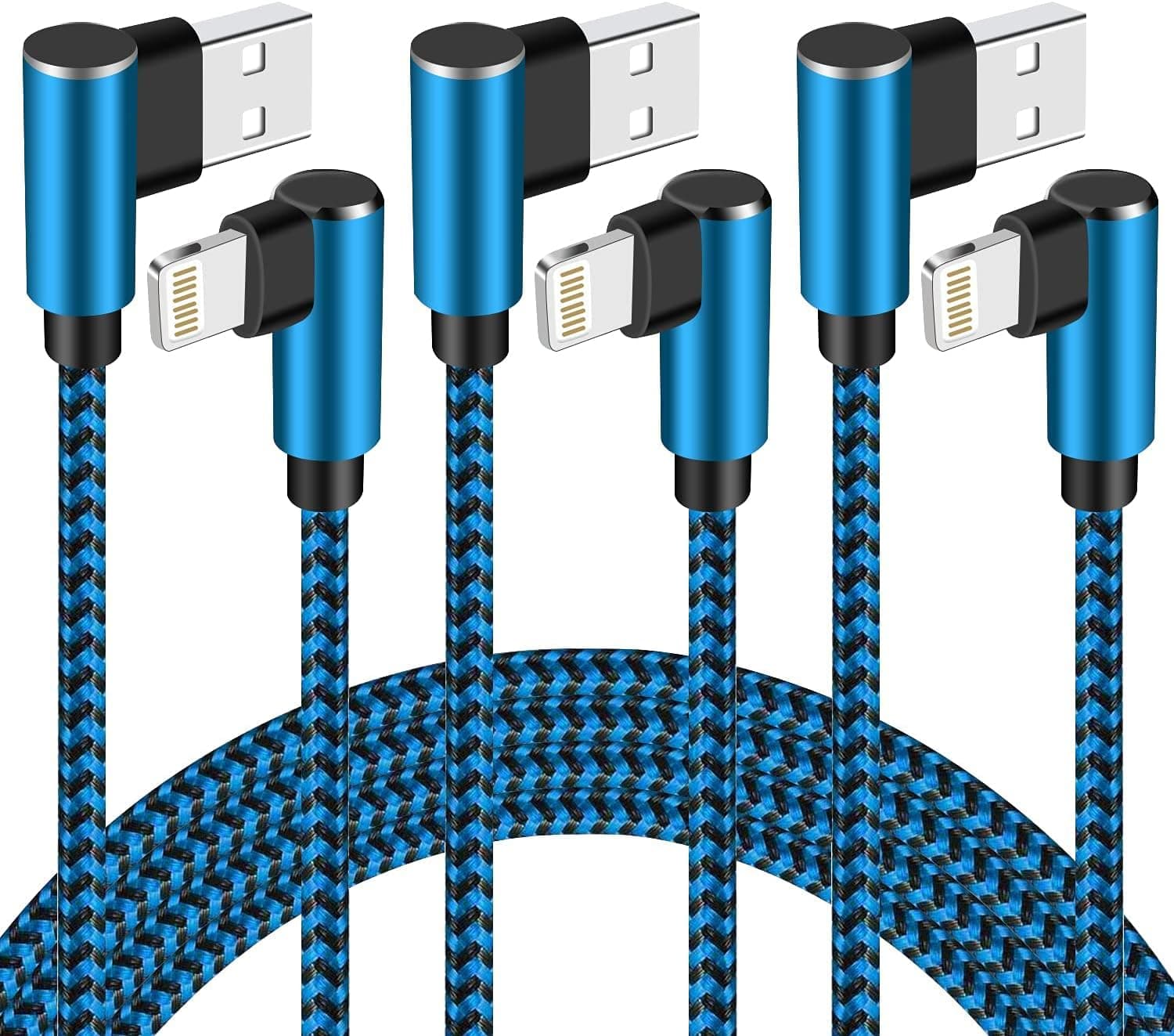 finekeep iPhone Charger Cable 10FT 3 Pack 90 Degree Lightning Cable MFi Certified Nylon Braided Right Angled Lightning Charging Cable for iPhone 12/11/11 Pro/XS Max/XR/X/8/7/6 (Blue Black)