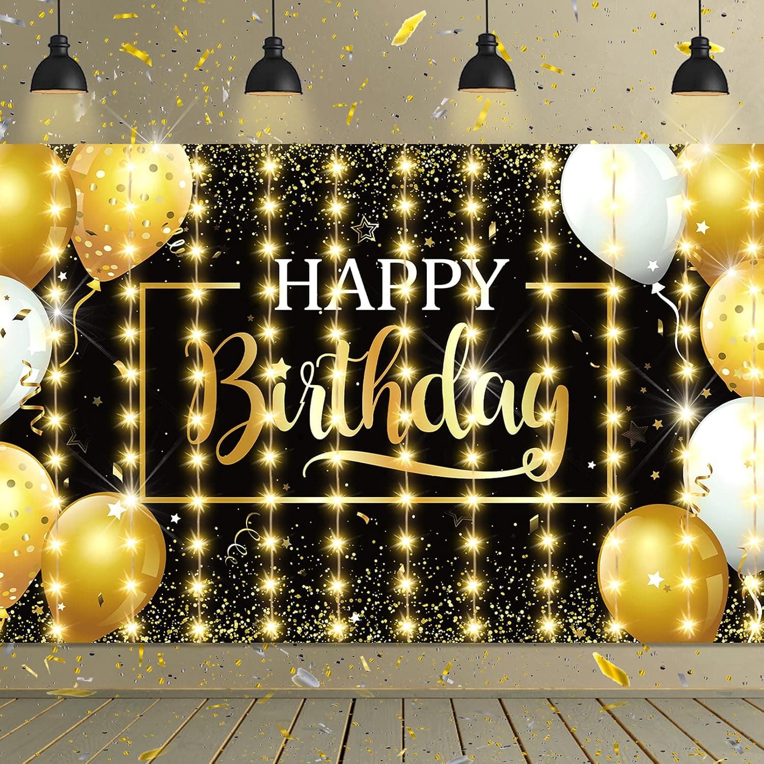 Happy Birthday Party Decorations KIT- Large Sized Happy Birthday Backdrop with 8 Modes LED Twinkle String Lights for Birthday Parties at Night Photo Prop Sparkling Decorations Indoor Outdoor