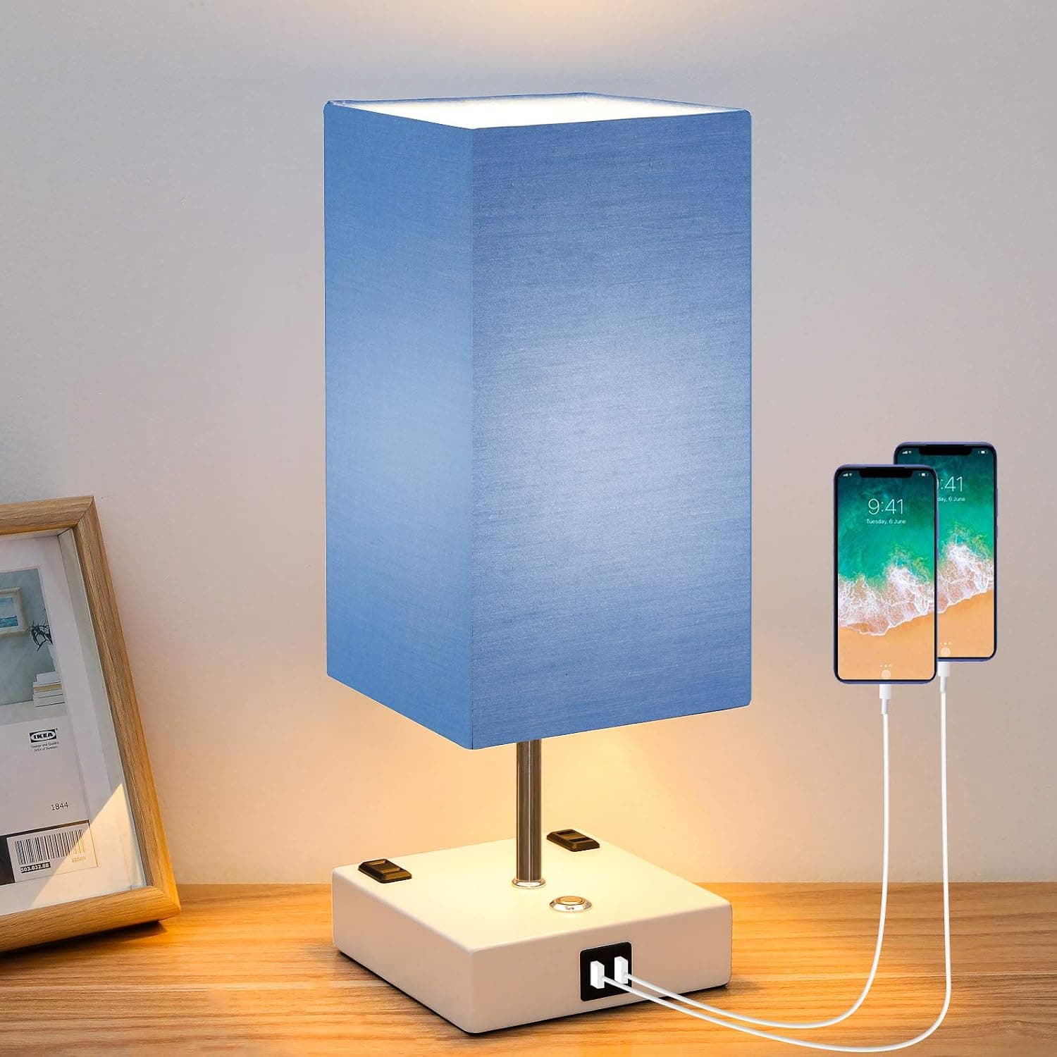 Yueximei Touch Control Table Lamp,3 Way Dimmable Lamps,2 Fast USB Charging Ports and 2 Ac Outlets,Modern Nightstand Lamp with Blue Lampshade and White Base for Bedroom Living Room,LED Bulb Included