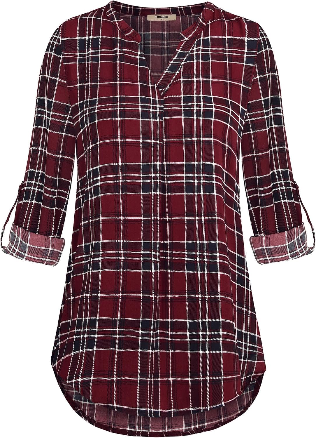 Timeson Tops for Women, Women's Casual Chiffon V Neck Cuffed Sleeve Blouse Tops(Black Red,Large)