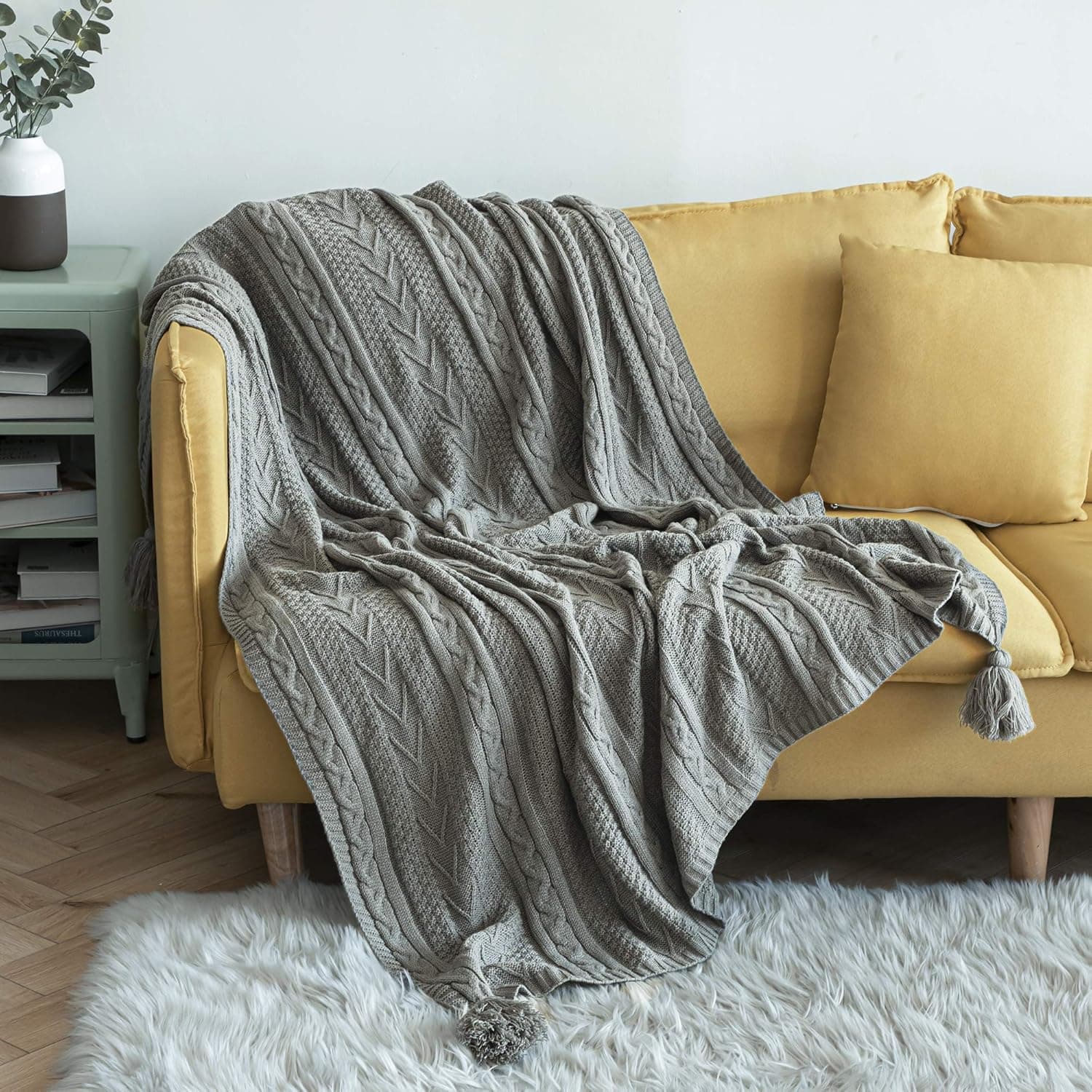 Sylanfia Grey Throw Blanket for Couch, Thin Woven Bed Throw with Pompom for Sofa, Knitted Throw Blanket for Home Decor, Suitable for All Season Rustic Blanket 50"x 60"