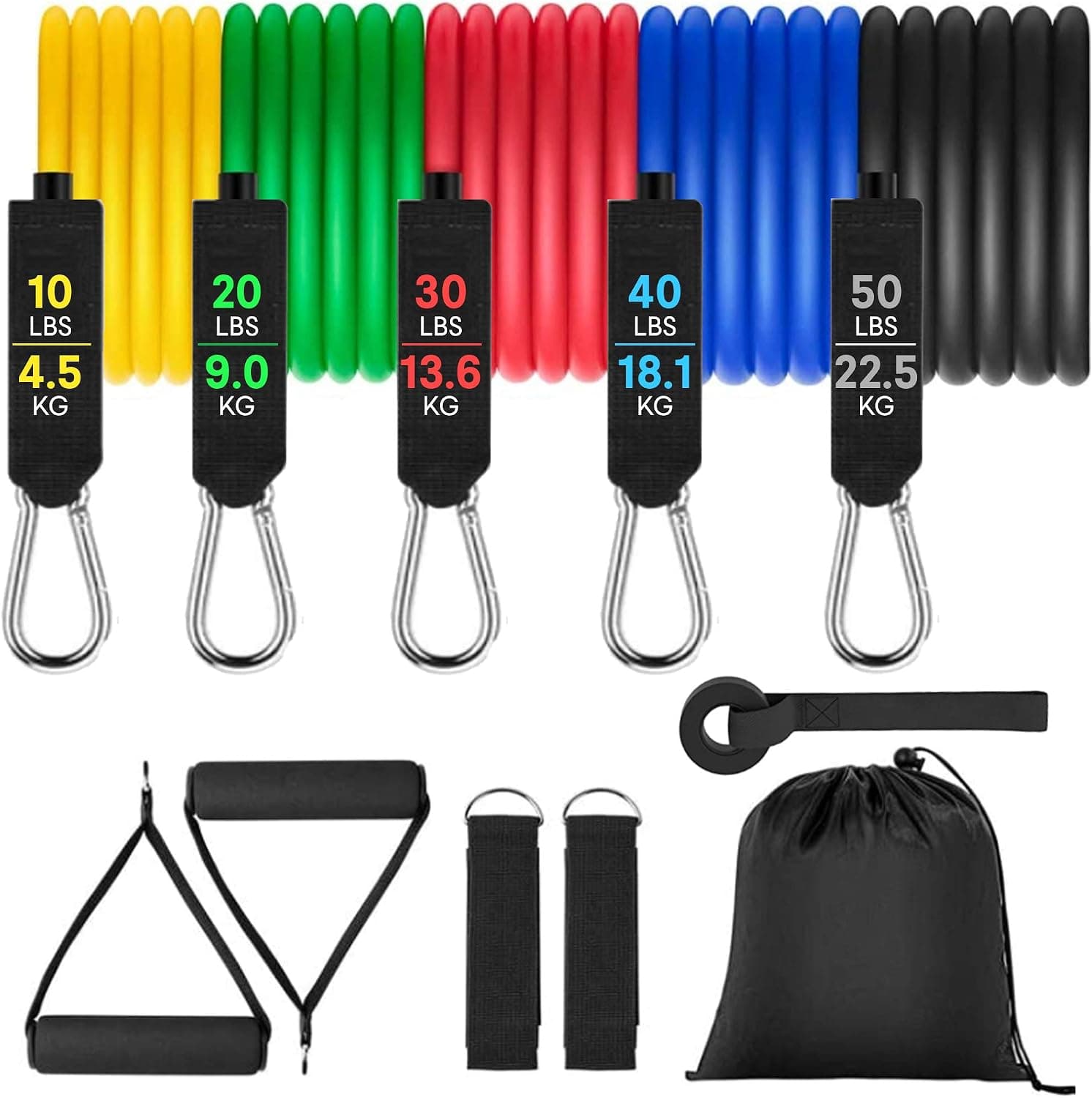 Lumanere Resistance Band Set for Easy Exercise at Home [11-Pack] Stackable Up to 150lbs, 5 Bands, Door Anchor, 2 Foam Handles, 2 Metal Foot Rings, Carrying Case