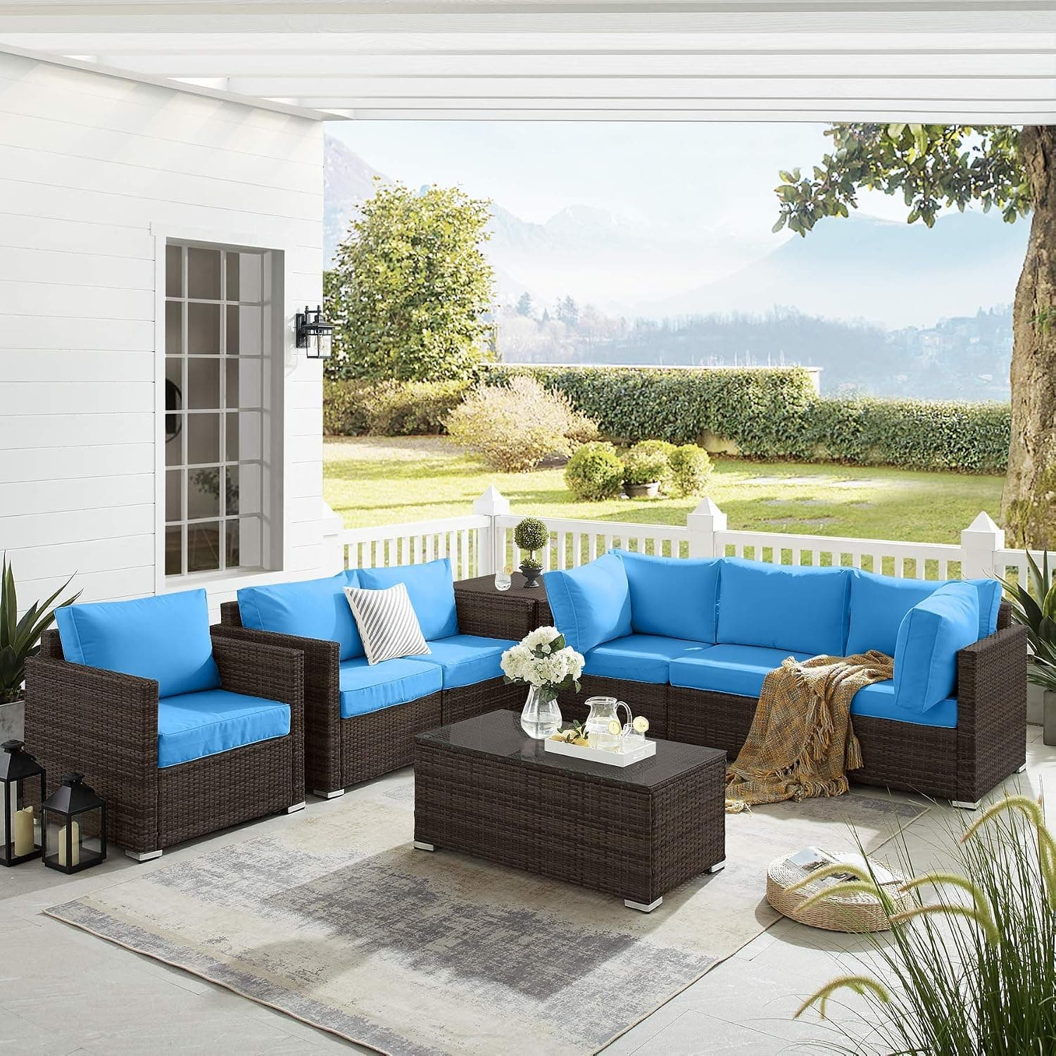 8 Pieces Patio Furniture Set Outdoor Conversation Set, All Weather Wicker Sectional Sofa Couch set with Cushions and Dining Table Chair with Ottoman for Lawn Backyard Poolside Garden (Brown + Blue)