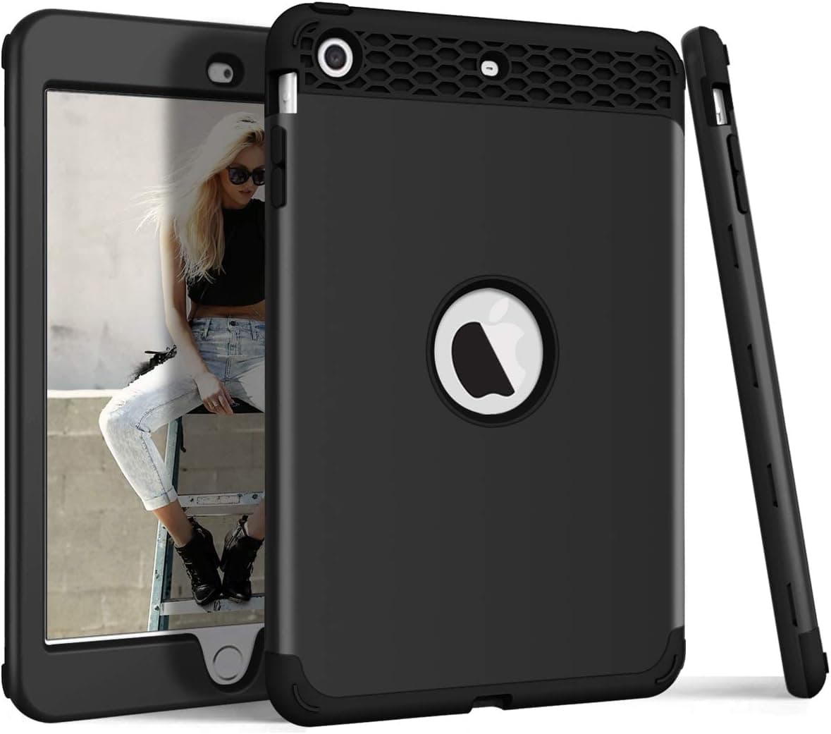 DECVO Anti-Slip Shock-Absorption Resistant Silicone High Impact Hybrid Bumper Hard Three Layer Armor Defender Full Body Protective Cover Fits iPad Mini,iPad Mini 2,iPad Mini 3 Case (Black)