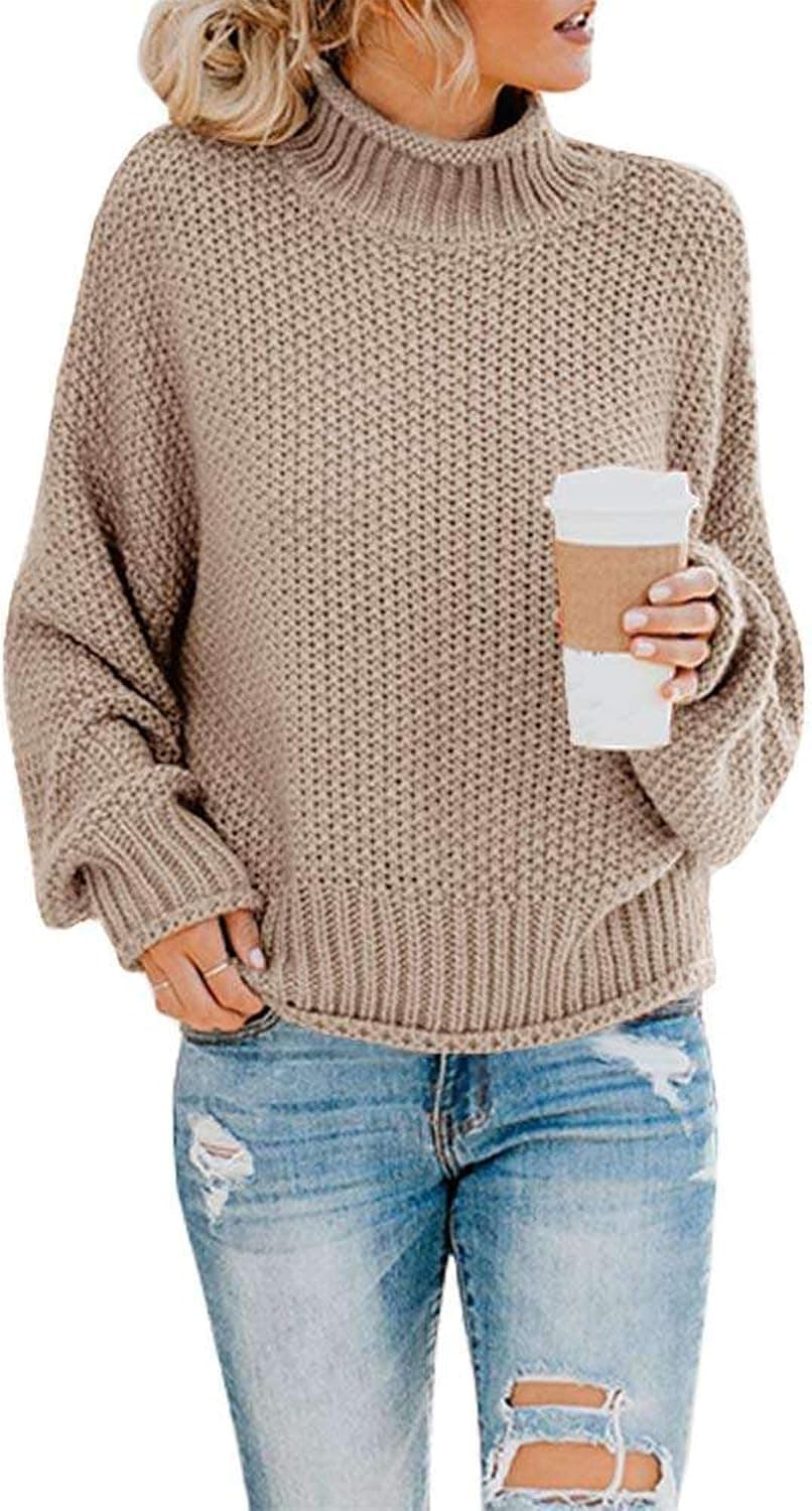 botlav Women Turtleneck Oversized Pullover Sweater Crochet Chunky Knit Batwing Long Sleeve Jumper