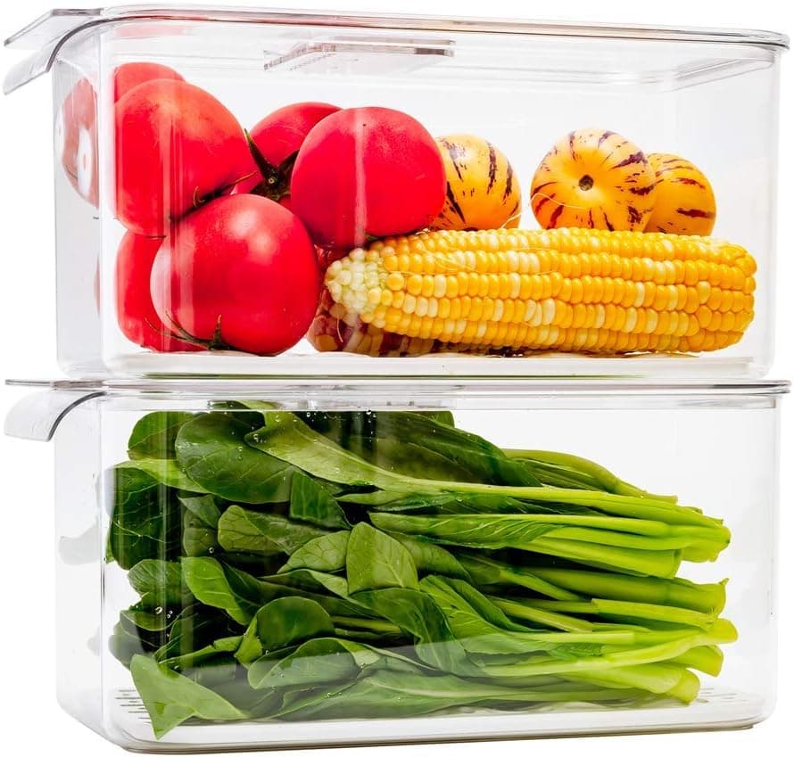 Benzoyl Produce Saver Refrigerator Storage Bins, Lettuce Keeper Food Containers Stackable Organizer Bin with Lids & Removable Drain Tray, Kitchen Pantry Fridge Keep Fresh for Fruit Vegetable -2 Pack