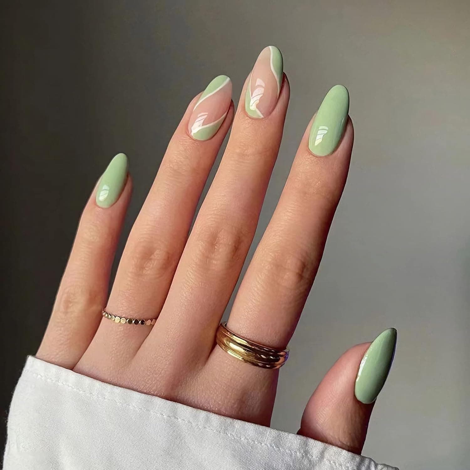 24 Pcs Green Press on Nails Medium Length, Almond Shape Fake Nails with Stripes Design Full Cover Acrylic Nails Glossy French Stick on Nails Waves Artificial Nails for Women DIY Manicure Decorations