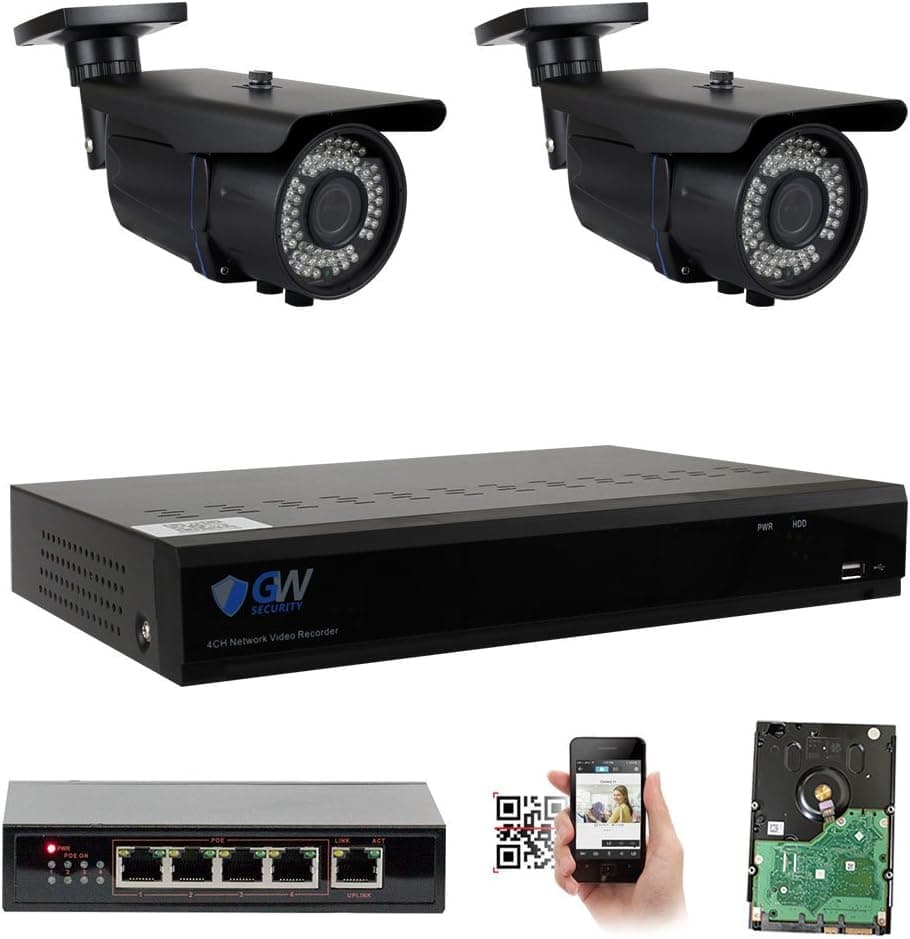 GW Security 5MP 1080p 4 Channel NVR CCTV Security Camera System - HD 1080p Wide Angle Network Indoor (2) Bullet and (2) Dome Video Surveillance Camera