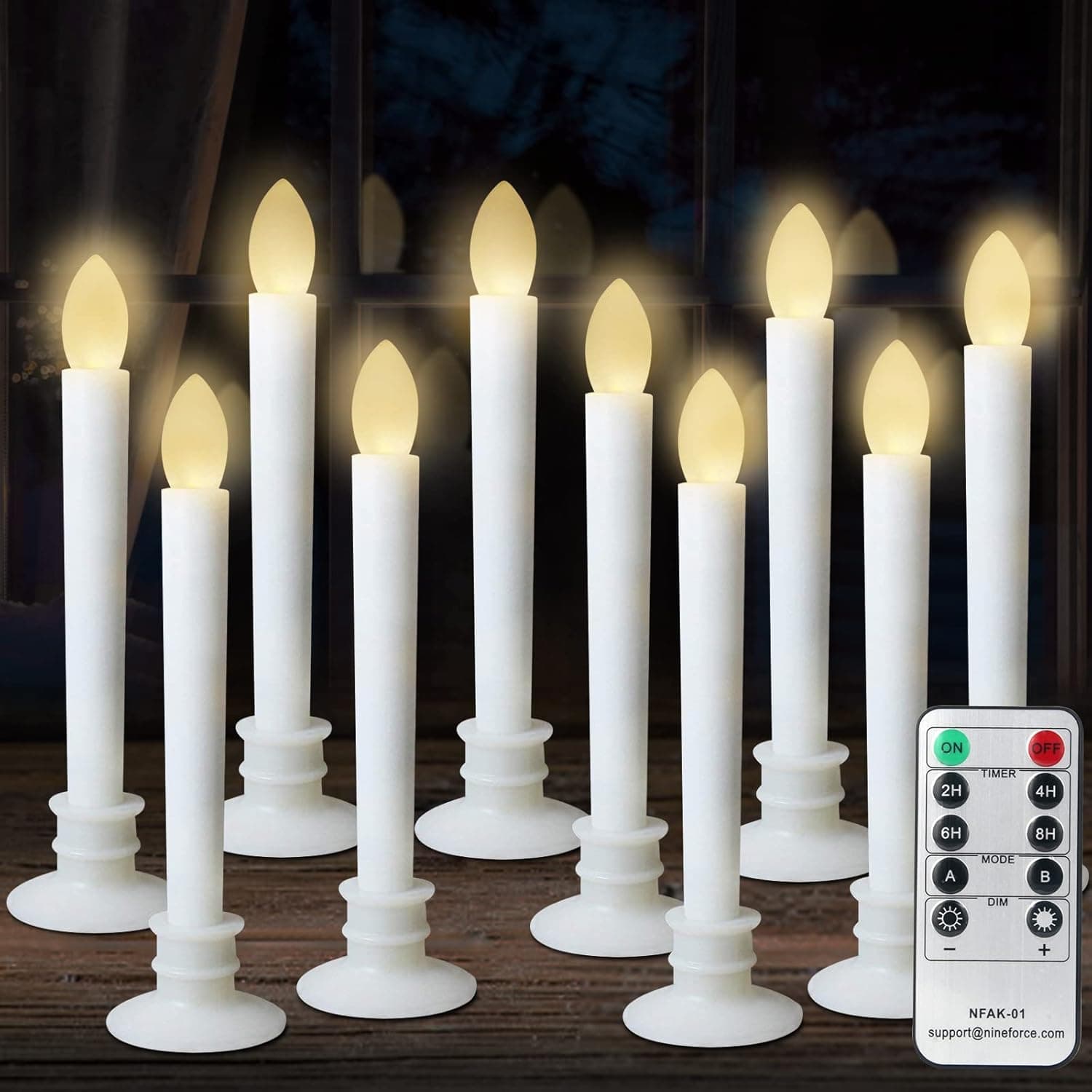 CelebrationLight Window Candles with Remote and Timers - Battery Operated Taper Candles Flickering Flameless Led Electric Candle with Ivory Candles Holders - 10 Pack