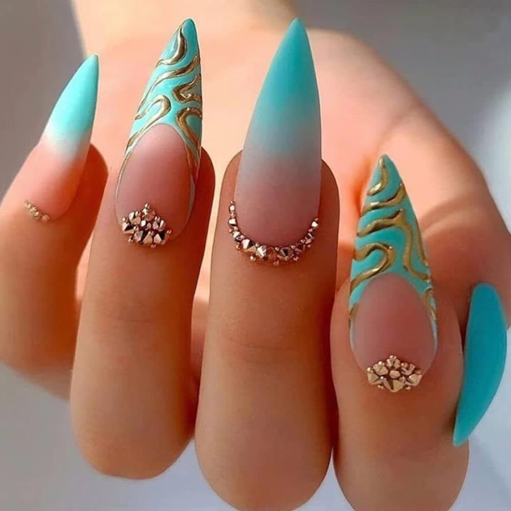 Magrace Extra Long Press on Nails Almond Blue Fake Nails Long French Tips False Nails with Designs 24 pcs Green Stick on Nails for Women