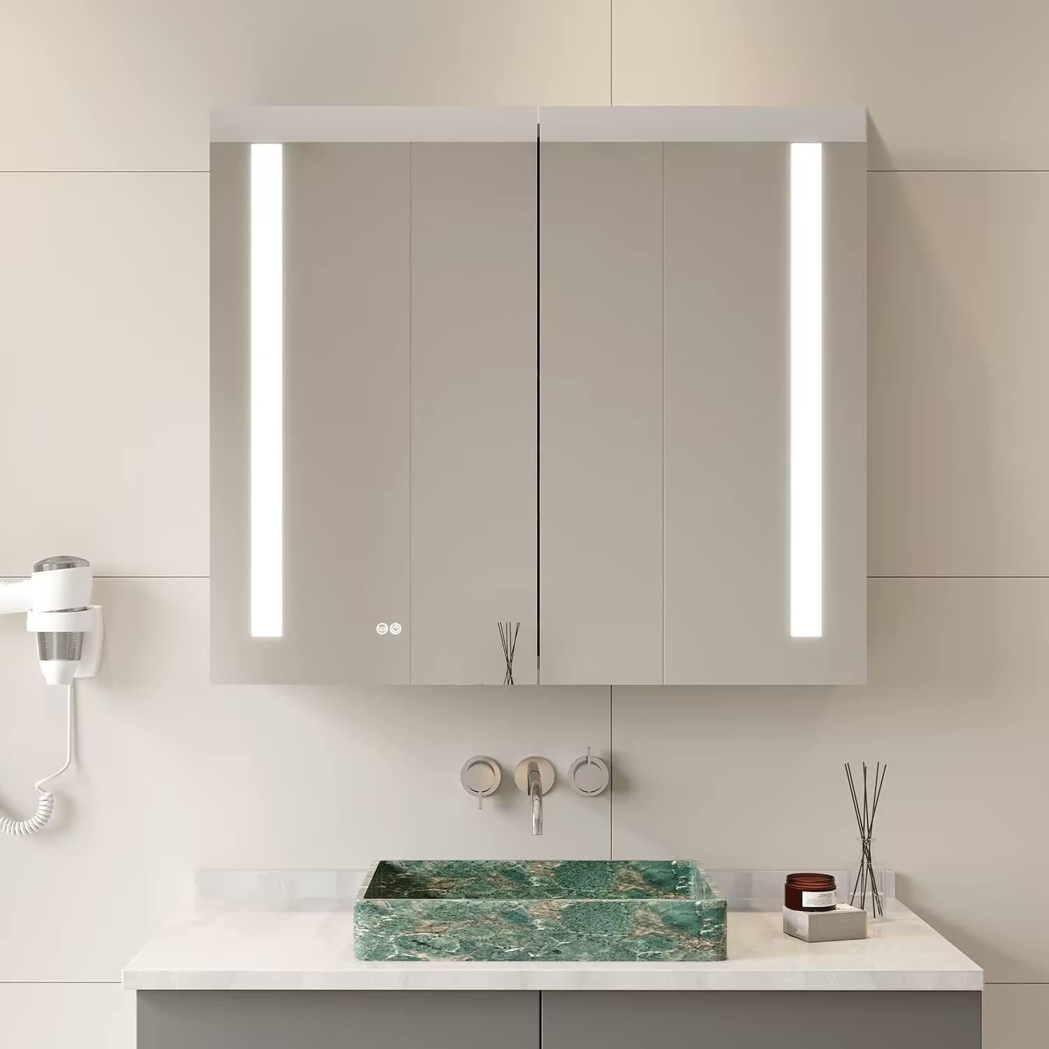 MIRPLUS 36 x 30 inch Medicine Cabinet with LED Vantiy Mirror, Recessed or Surface Mount Anti-Fog Large Storage Double Door Lighted Aluminum Bathroom Cabinet with Touch Switch (Half Light)