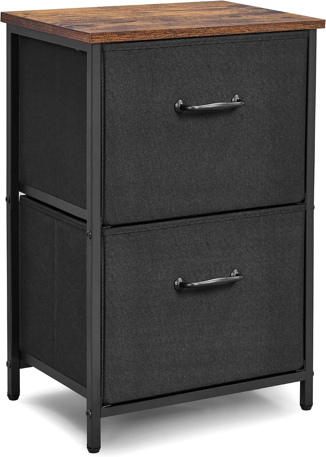 LAND·VOI Dresser Storage,Night Stand with 2 Fabric Drawers,End Table for Bedroom, Office, Living Room, and Hallway Entryway Closets, Steel Frame Wood Top, Easy Pull Handle,Black Rustic Brown